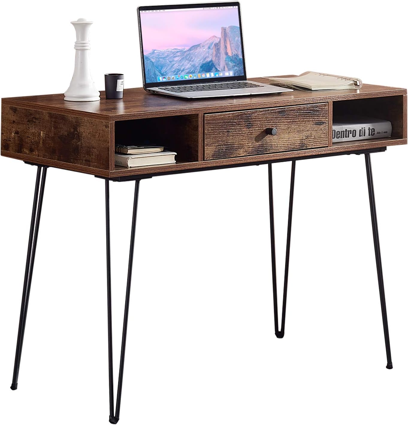 VECELO 39.3" Home Office Work Table with Drawers Computer Desk Writing/Study, 39 Inch Hairpin Legs, Retro Brown