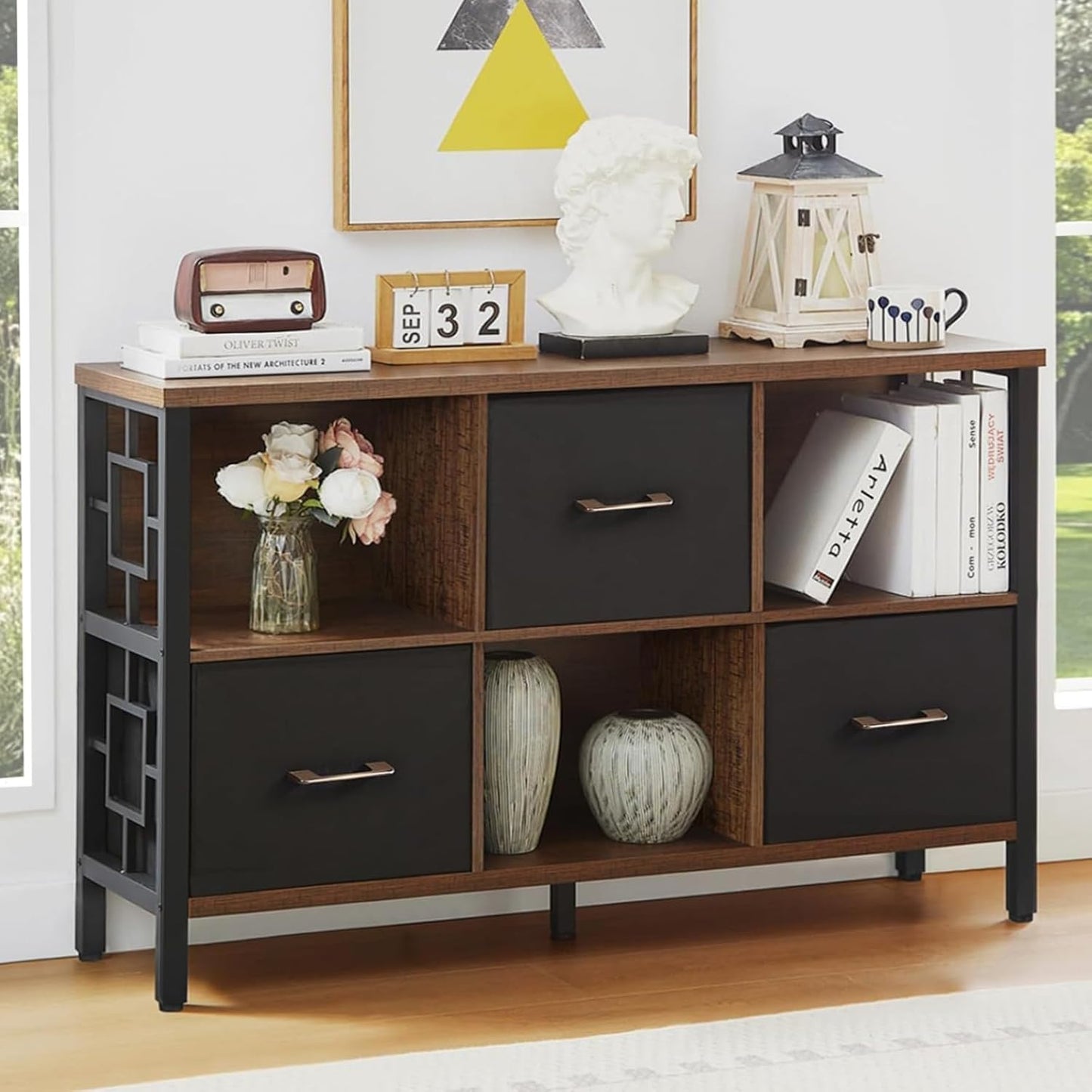 HOMISSUE 6 Cube Storage Organizer Shelf, Rustic Short Bookshelf with 3 Storage Bins, Industrial Horizontal Bookshelf with Metal Frame, Low and Wide Cube Bookcase for Living Room and Office, Brown