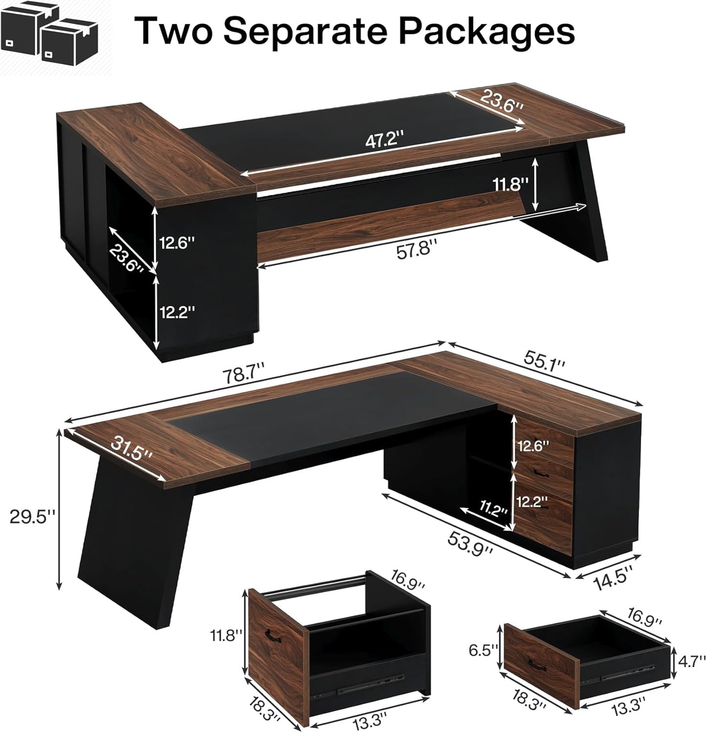 Tribesigns 78" L-Shaped Executive Desk, Large Office Desk with Drawers and Lateral File Cabinet, Business Furniture with Storage Shelves, Modern Computer Desk for Home Office, Walnut & Black