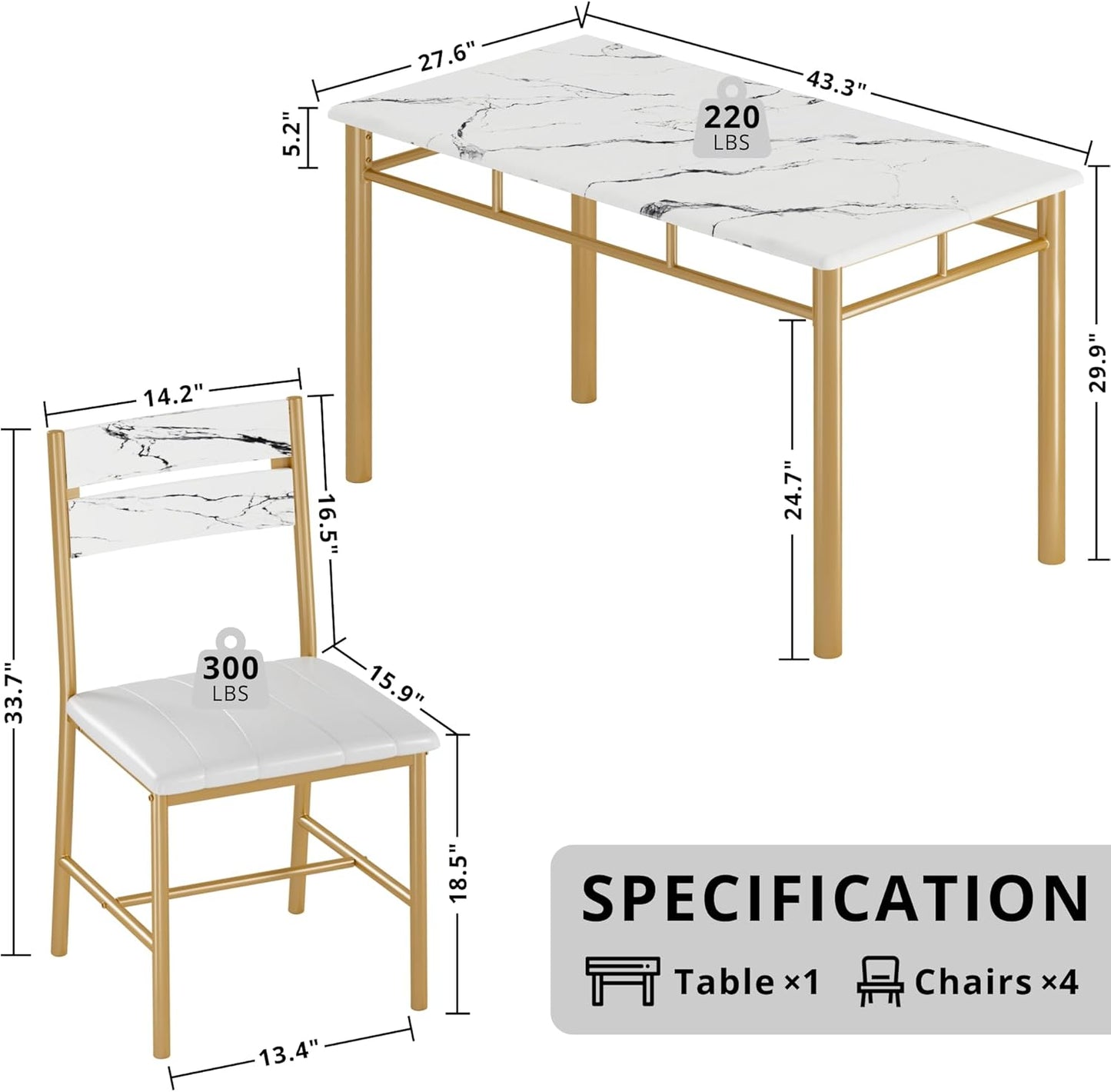 IRONCK Dining Table Set for 4, Wood Kitchen Table with Upholstered Chairs for Kitchen & Dining Room, Compact Dining Set for Small Spaces, White & Gold