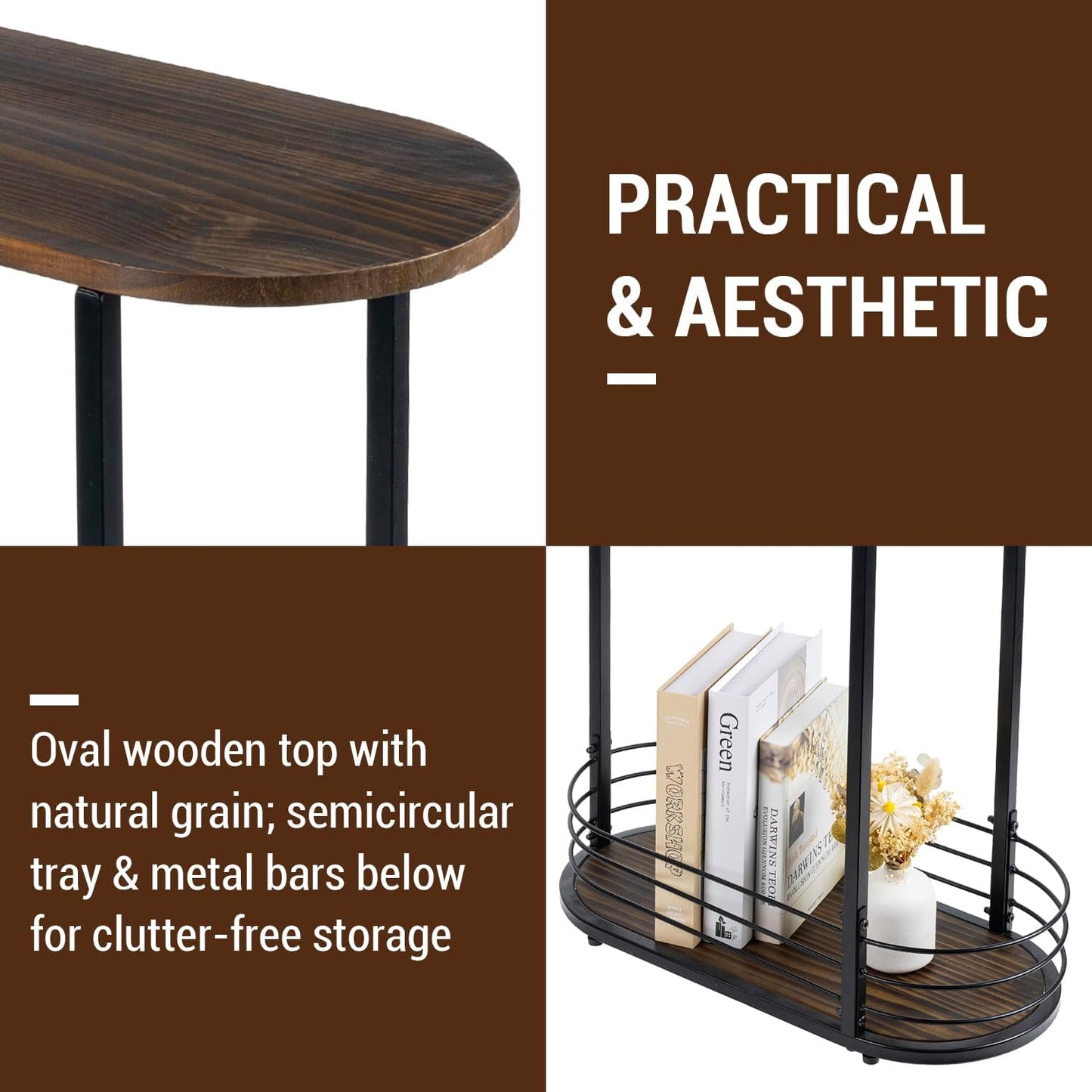 MyGift 21 Inch Tall Brown Wood Oval Side Table, 2 Tier Living Room Sofa End or Side Table with Bottom Storage