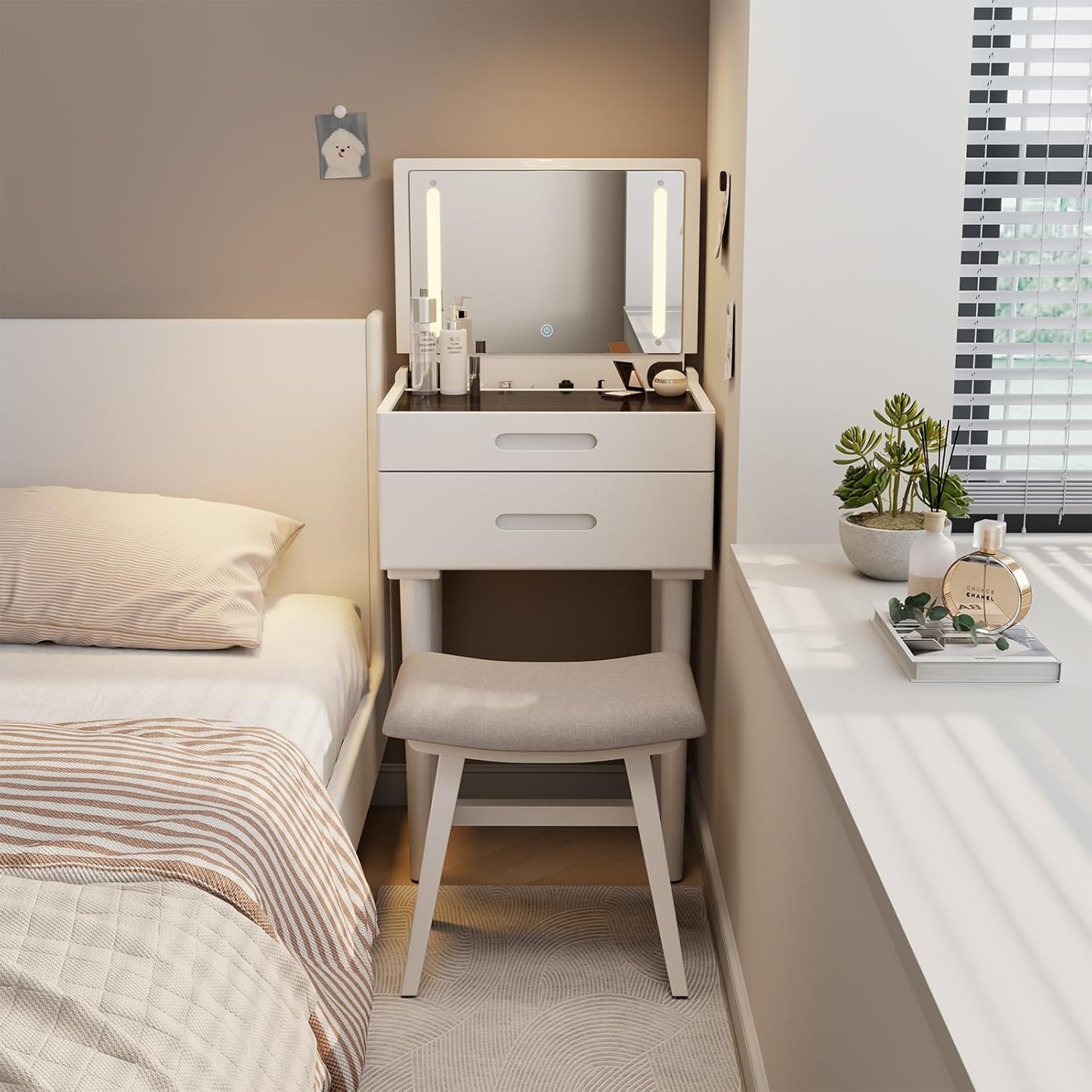 Solid Wood Small Vanity Stool, Compact Makeup Chair with Saddle Cushion, Linen-Covered High Rebound Sponge Seat, Easy Assembly Footstool for Bedroom, Entryway, Home, White