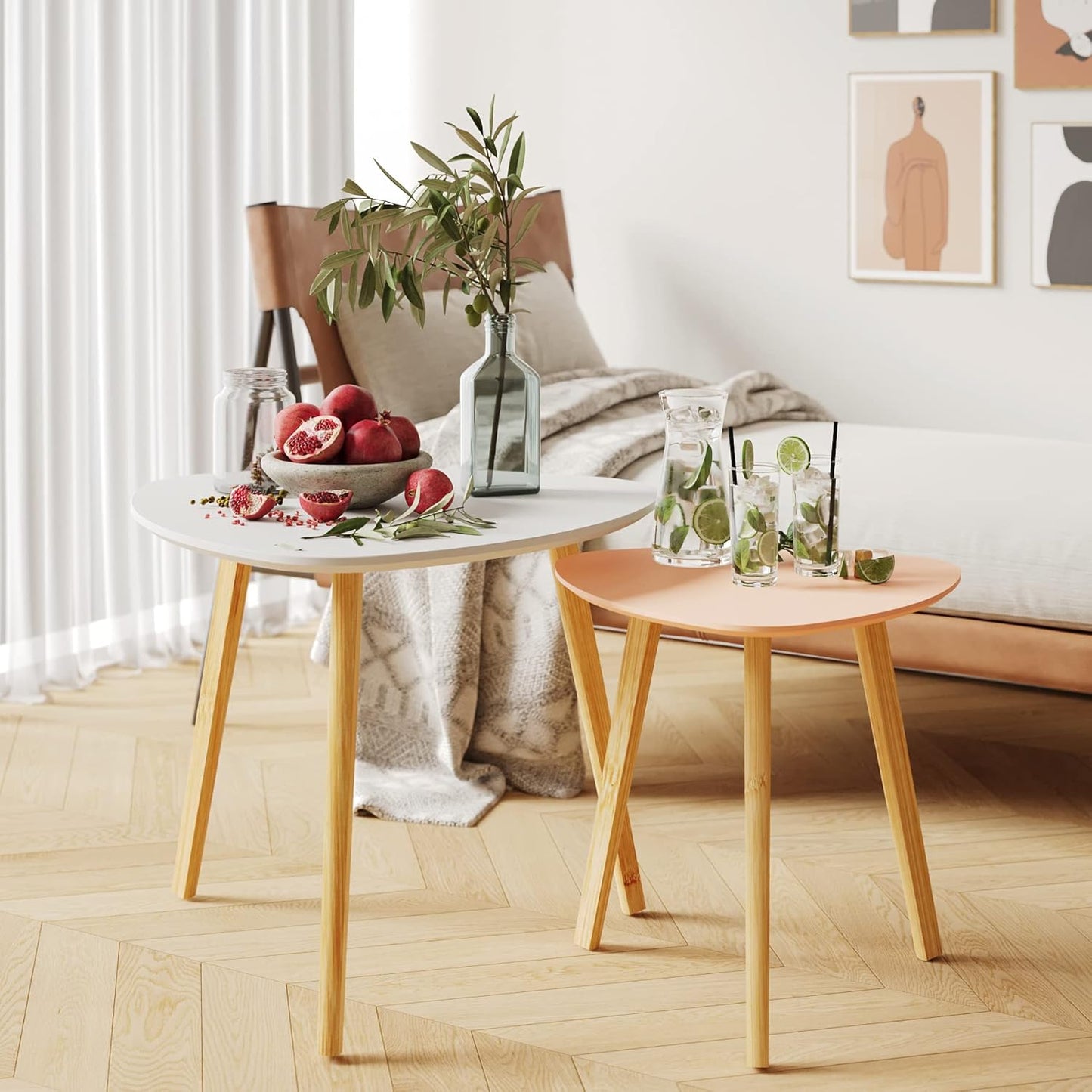BAMEOS Bamboo Nesting Triangle End Table,Set of 2 Coffee Table Modern Minimalist Side Table for Living Room (White & Pink)