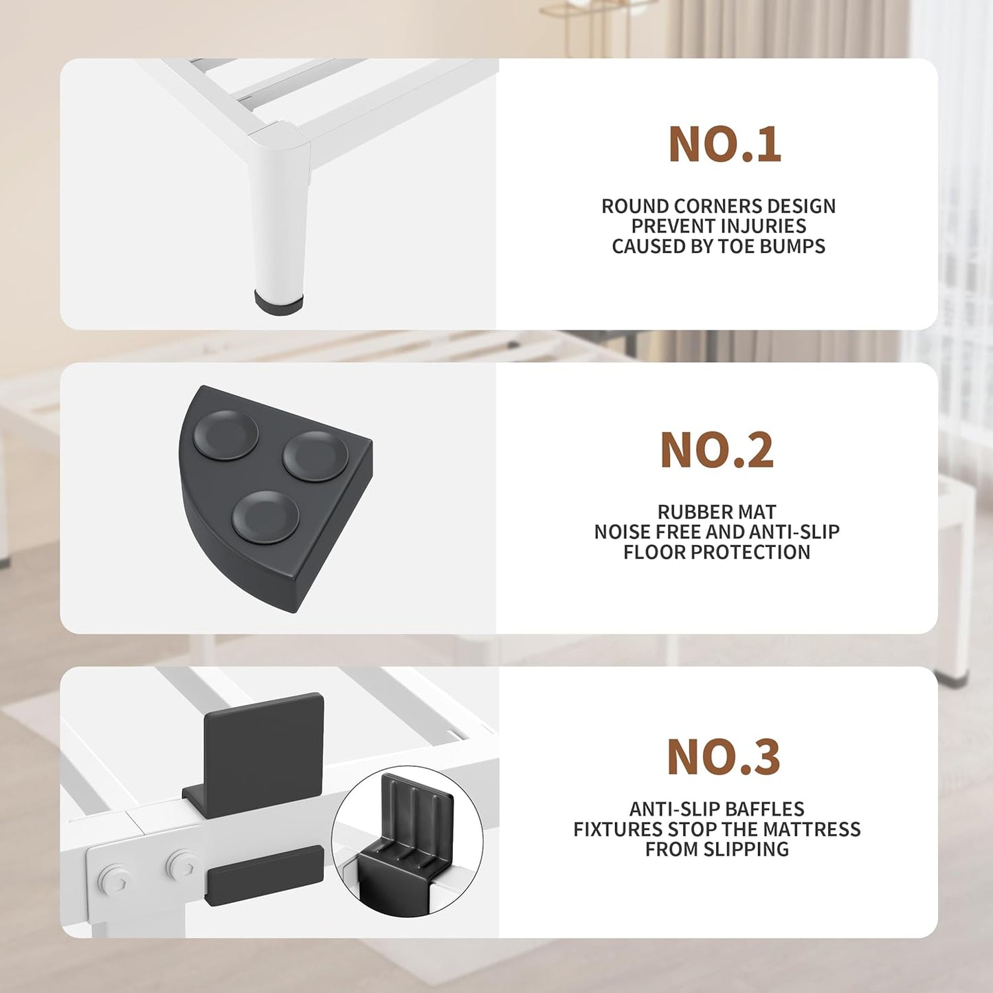 MAF 18 Inch Queen Size Bed Frame White with Round Corner Legs Mattress Slide Stopper No Box Spring Needed Heavy Duty Metal Platform Bed Frames Under-Bed Storage Space, 3000 LBS Steel Slats Support