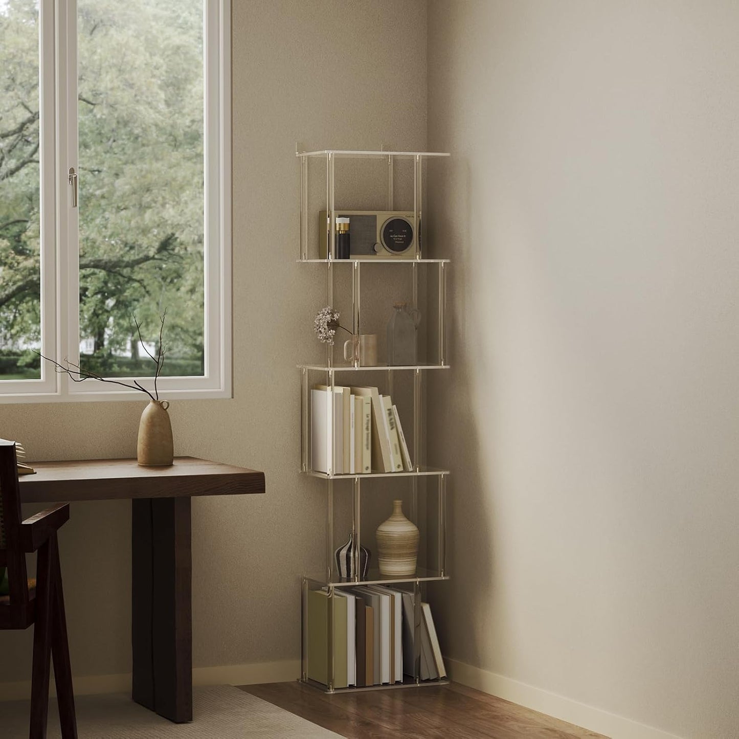 Acrylic Geometric Bookshelf for Small Spaces, 6-Tier Tall Clear S Shaped Bookcase, Modern Open Book Shelf for Living Room, Bedroom, Office, 9.3" D x 15.6" W x 61" H, Easy Assembly