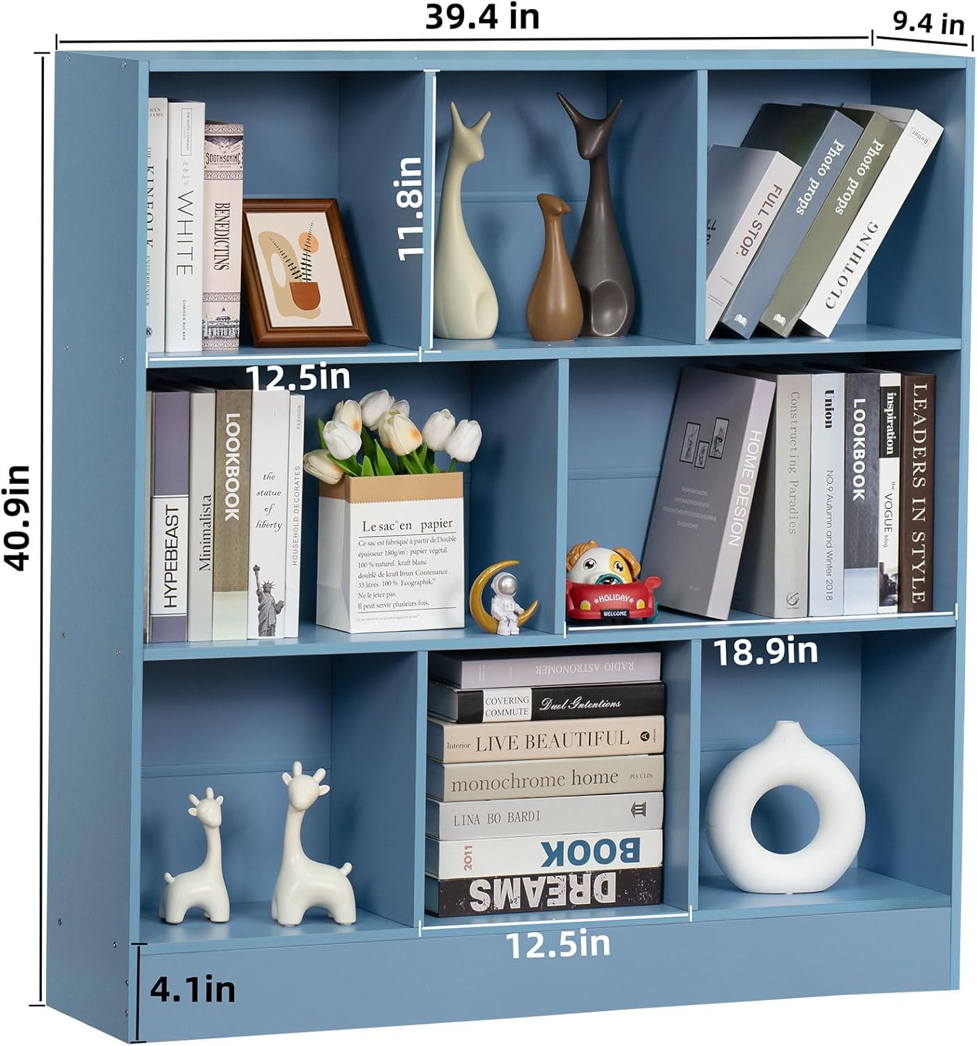 YAHARBO 3 Tier Bookshelf,Wide Kids Horizontal Bookcase,8 Cube Blue Book Shelf,Large Display Toy Storage Cabinet with Base,Floor Standing Modern Bookcases Organizer for Bedroom,Nursery,Playroom