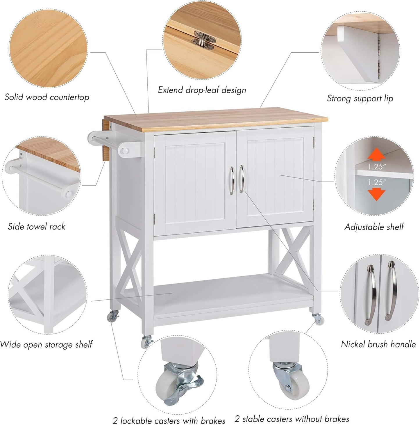 Spirich Kitchen Island on Wheels, Rolling Kitchen Cart with Storage Cabinet, Small Kitchen Island with Drop Leaf and Towel Rack for Dining Room, White
