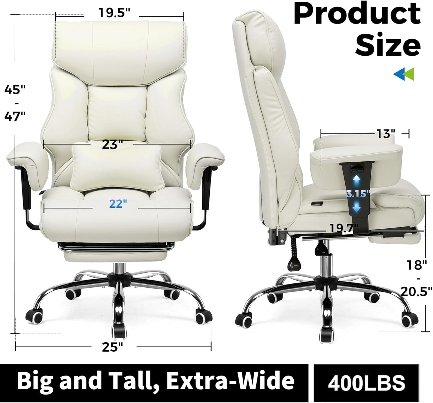 COMHOMA Big and Tall Office Chair 400lbs High Back Leather Executive Chair with Ergonomic Lumbar Support & Pocket Spring Cushion for Lower Back Pain Relief, Computer Gaming Chair with Foot Rest, Beige