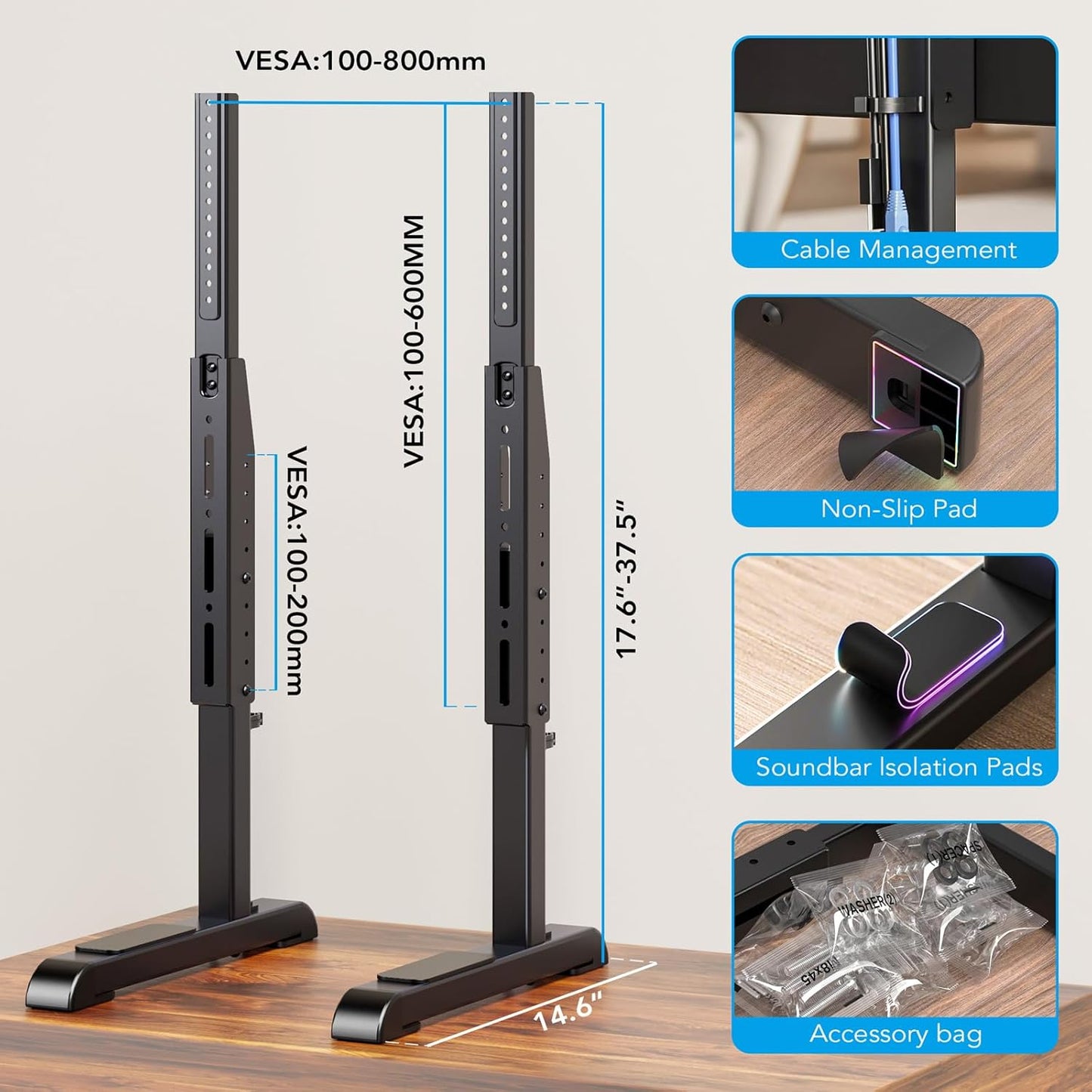 AX WABER Universal TV Stand,Table Top TV Stand Base Replacement for Most 37 to 86 Inch LCD LED TVs, 7 Height Adjustable Legs with Cable Management Hold up to 150lbs, Max VESA 800x600mm, Black AX10TB01