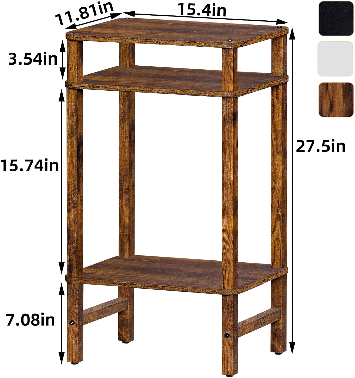 28in Tall Side Table Set of 2, 3-Tier Small Narrow End Table for Couch, Skinny Nightstand for Small Space, Farmhouse Slim Night Stand with Storage, Wooden Frame Thin Bedside Table, Brown