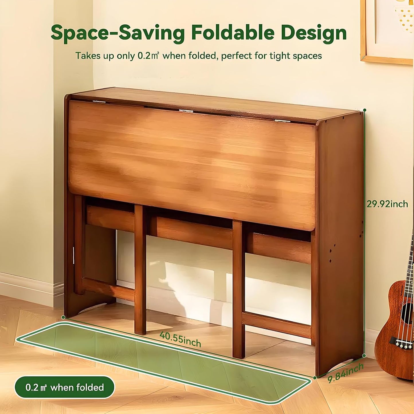 Bamboo Folding Desk Mid Century Modern Desk for Home Office Bedroom Small Spaces, Brown，40.55" Long Desktop