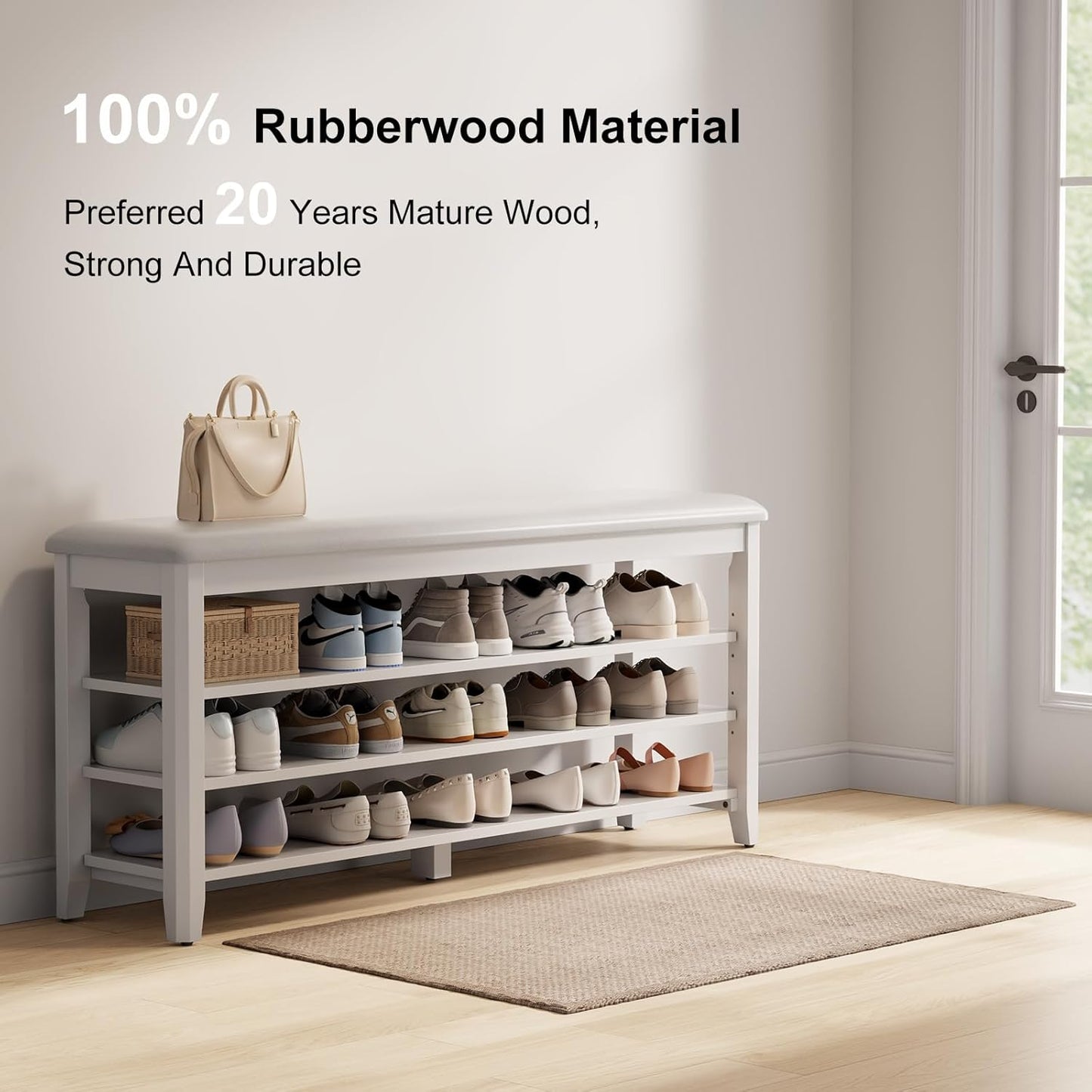 Shoe Bench with Leather Cushion, 3 Tiers Shoe Storage Bench Height Adjustable, Walnut Wood Entryway Bench for Hallway, Mudroom