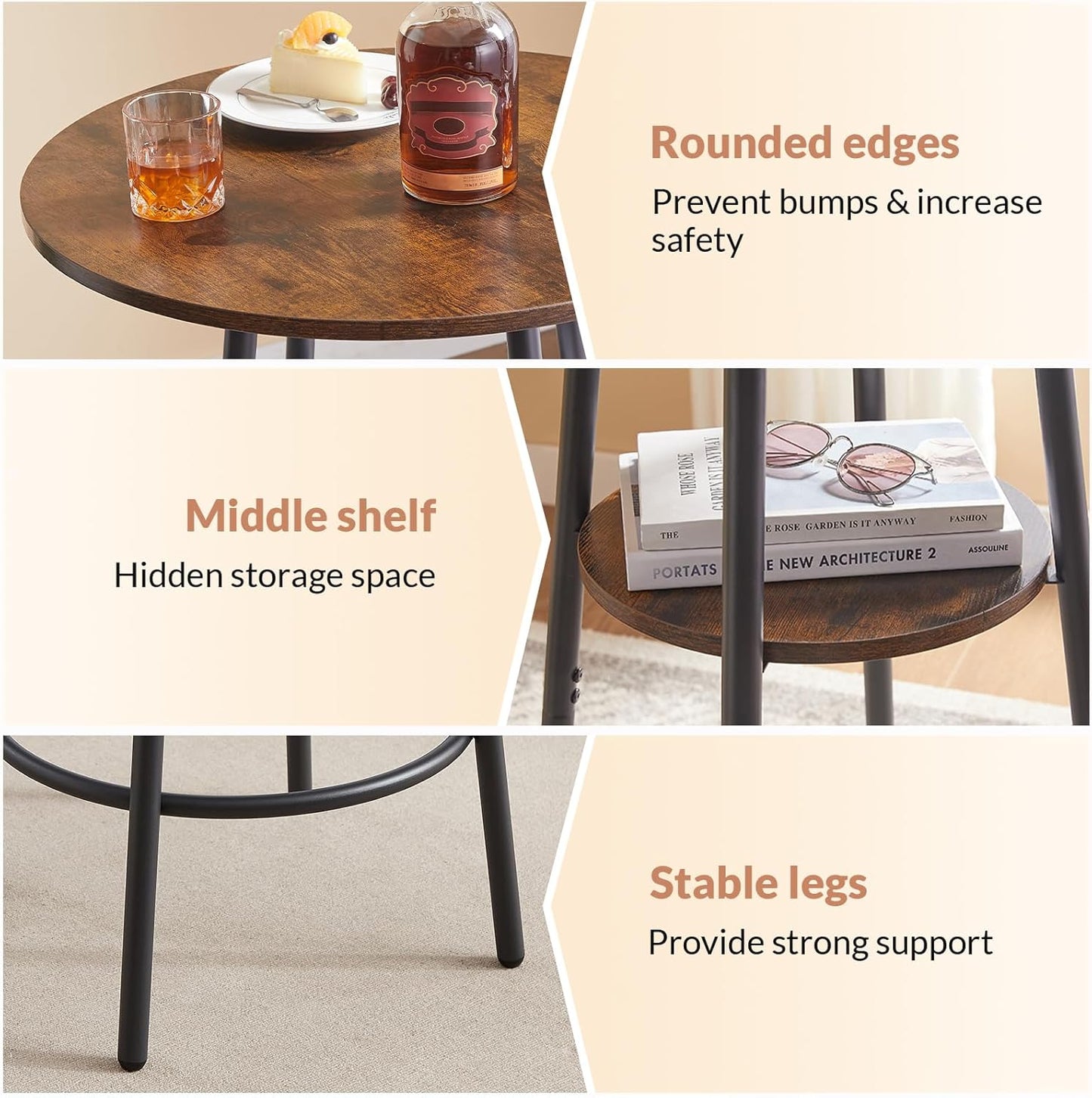 3 Pieces Round Bar Table and Chair Set, Small Dining Table for 2, Breakfast Table with Storage, Modern Kitchen Bar Table, 2 Upholstered Stools with Backrest for Dining Room & Bistro-Brown