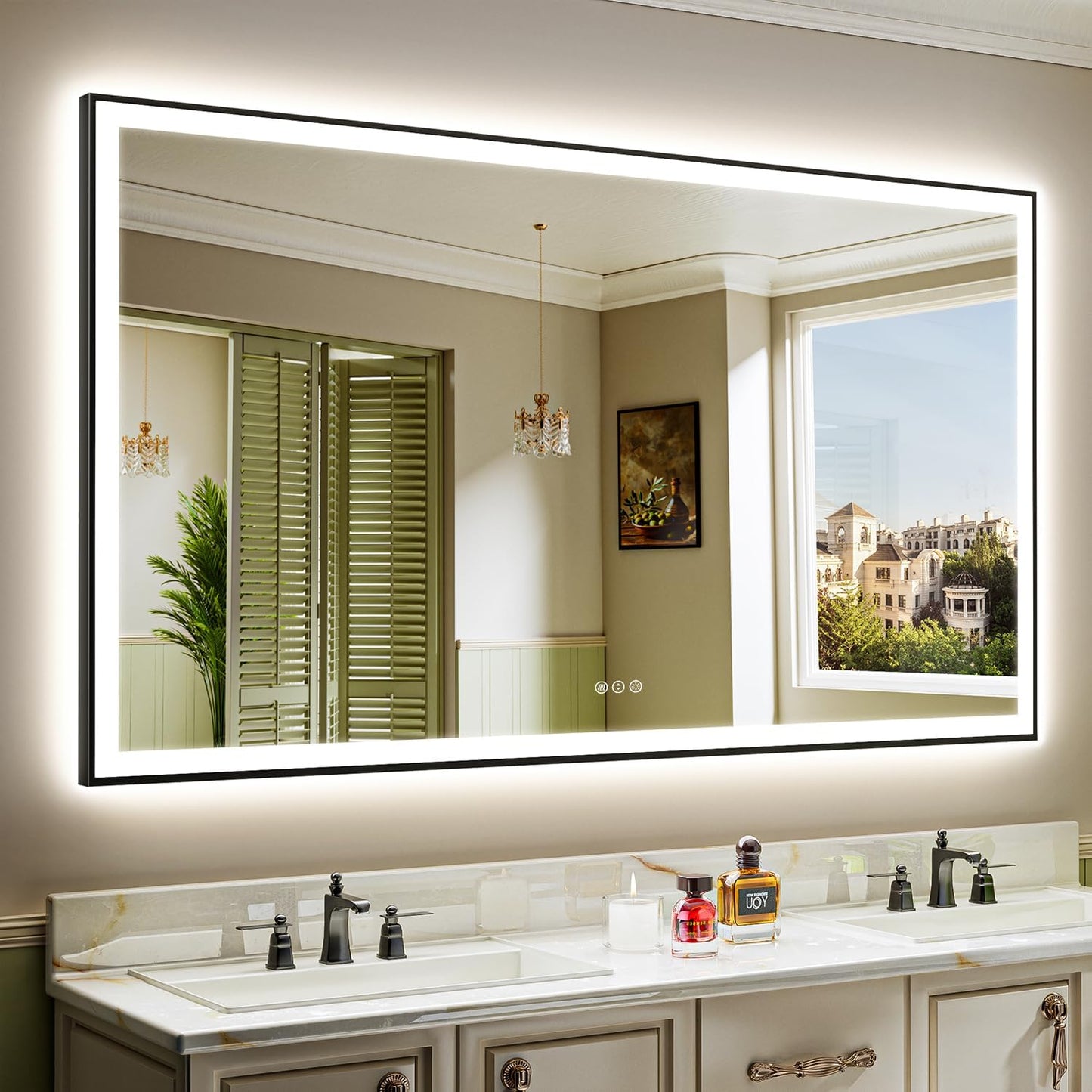 72x40 Inch LED Bathroom Mirror with Lights (Front Lit and Backlit) Black Framed Lighted Vanity Mirror for Bathroom Wall Dimmable Anti-Fog Memory Tempered Glass Horizontal/Vertical