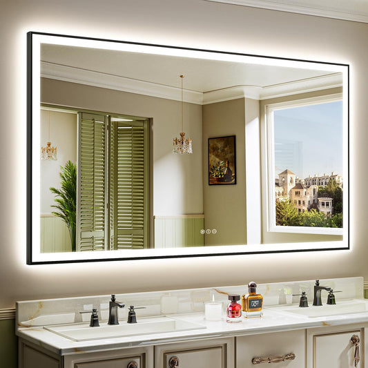 72x40 Inch LED Bathroom Mirror with Lights (Front Lit and Backlit) Black Framed Lighted Vanity Mirror for Bathroom Wall Dimmable Anti-Fog Memory Tempered Glass Horizontal/Vertical