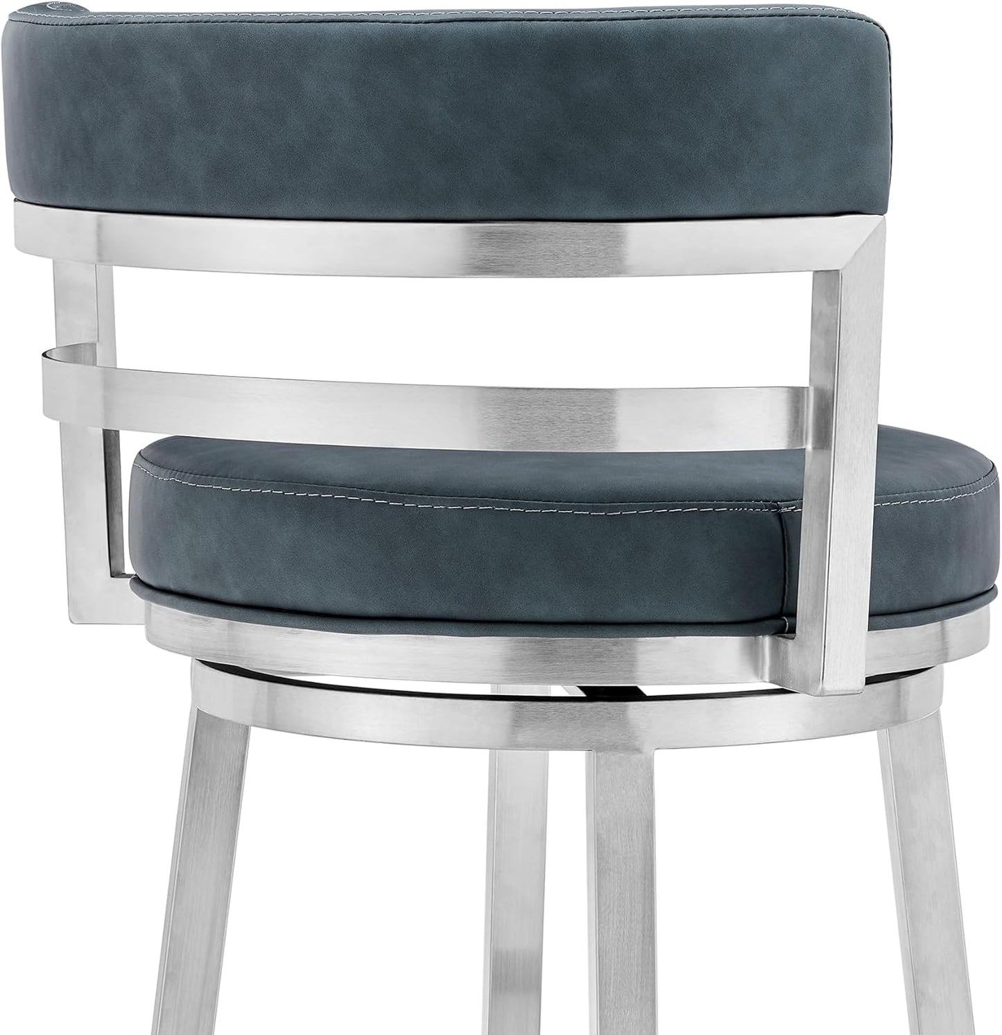 Armen Living Madrid 30" Seat Height Swivel Modern Blue Faux Leather and Brushed Stainless Steel Bar Stool for Kitchen Island Counter