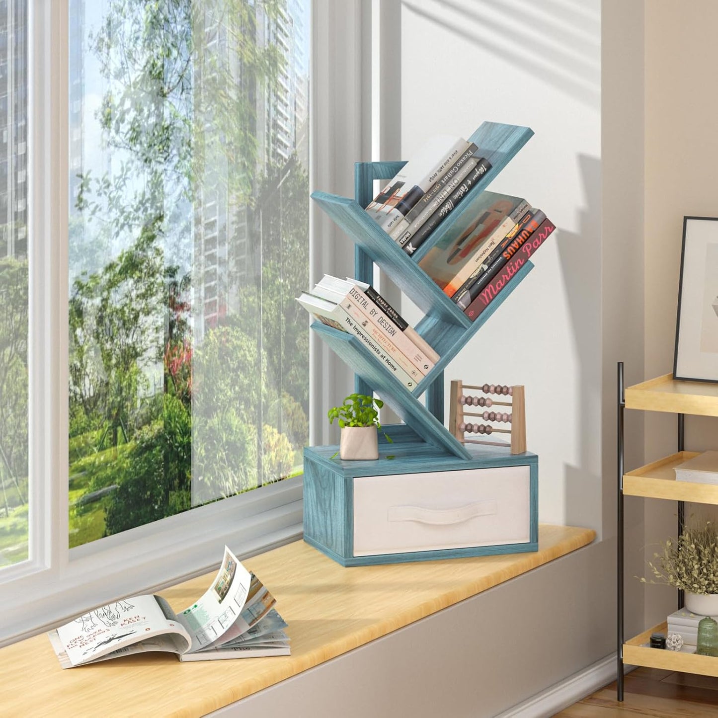 Small Book Shelf with Drawer,4 Tier Black Tree Bookshelf,Blue Desktop Bookcase,Modern Desk Display Storage Bookshelves,Floor Standing Organizer Bookcases for Living Room,Bedroom,Office