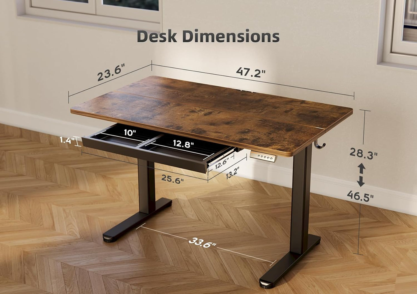 YDN Standing Desk with Drawers, Electric Adjustable Height 48 x 24 Inch Stand Up Desks for Home Office, Rustic Brown