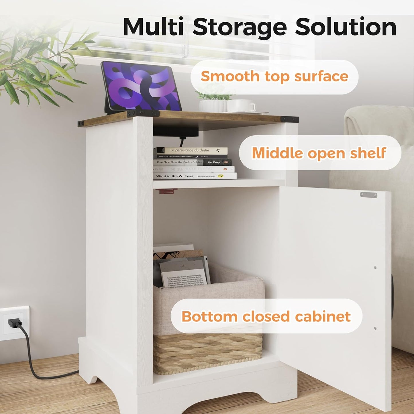 RoyalCraft Set of 1 Farmhouse Nightstand, White End Table with Charging Station, Tall Bedside Table with Large Storage Room and Shelf, Wooden Rustic Nightstand for Bedroom, Home Office