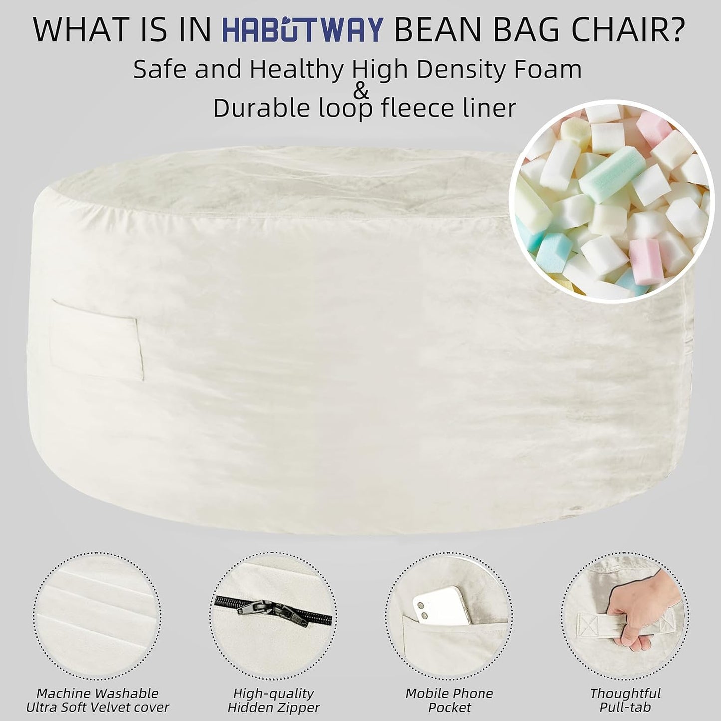 HABUTWAY Bean Bag Chair: Giant 5' Memory Foam Furniture Bean Bag Chairs for Adults with Microfiber Cover 5Ft (Beige)