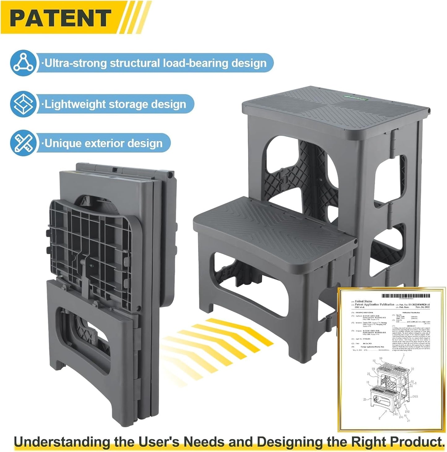 Folding 2-Step Stool for Adults Kids Non-Slip Collapsible Portable Step Stool for Kitchen Home Toilet Bedroom Office Bathroom Rv,Holds 300 Lbs(Grey)