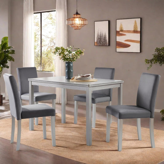 Dining Table Set for 4, 5-Piece Dining Room Table Set with Rectangular Crystal Decoration Table & 4 Upholstered Backrest Chairs, Counter Height Kitchen Sets with MDF Tabletop, Grey