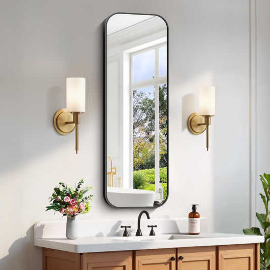 FORBATH Bathroom Mirror 48" x 16", Rectangle Black Bathroom Mirror with Black Aluminum Frame Rounded Corner, Wall Mounted Mirror for Bedroom Entryway Living Room