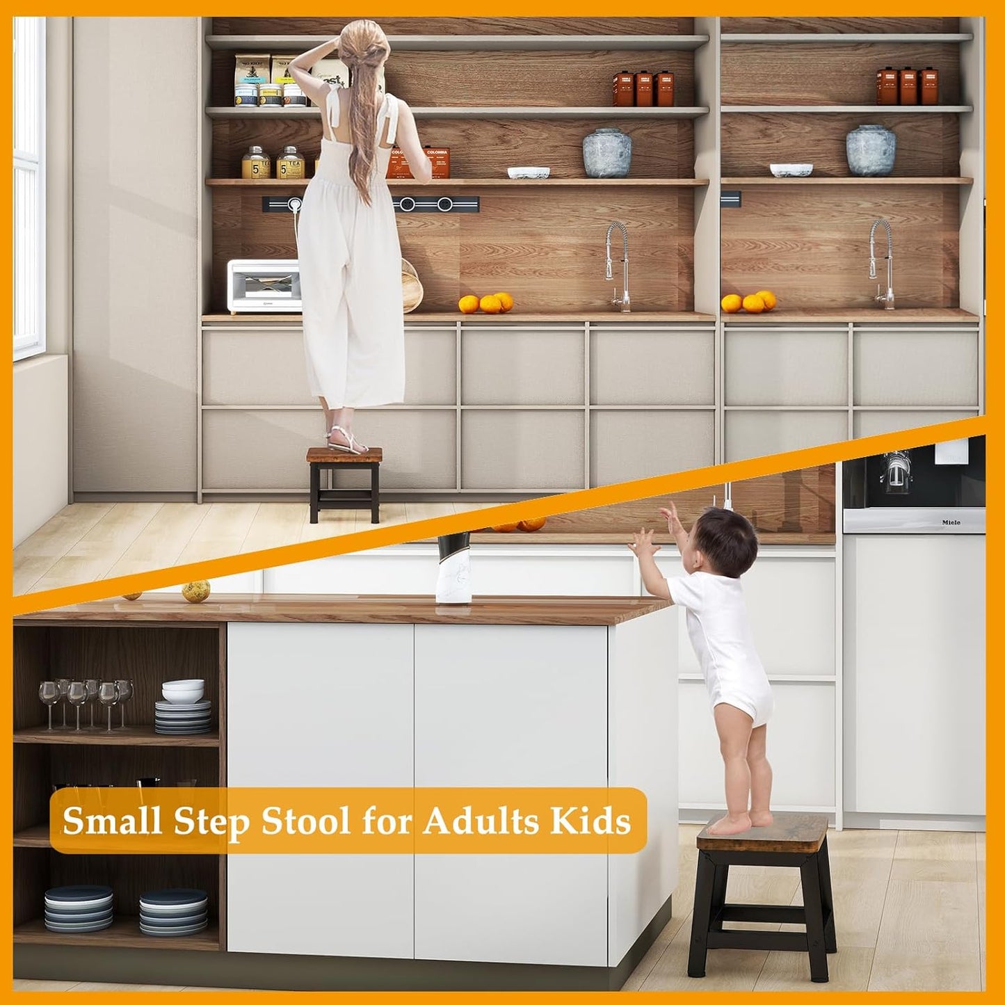 IBUYKE Small Step Stool for Adults Kids, Wooden Bedside Step Stool for High Beds, Non-Slip Stepping Foot Stool with 330 Lbs Capacity for Bedroom Livingroom Bathroom Kitchen, Rustic Brown TBD003H