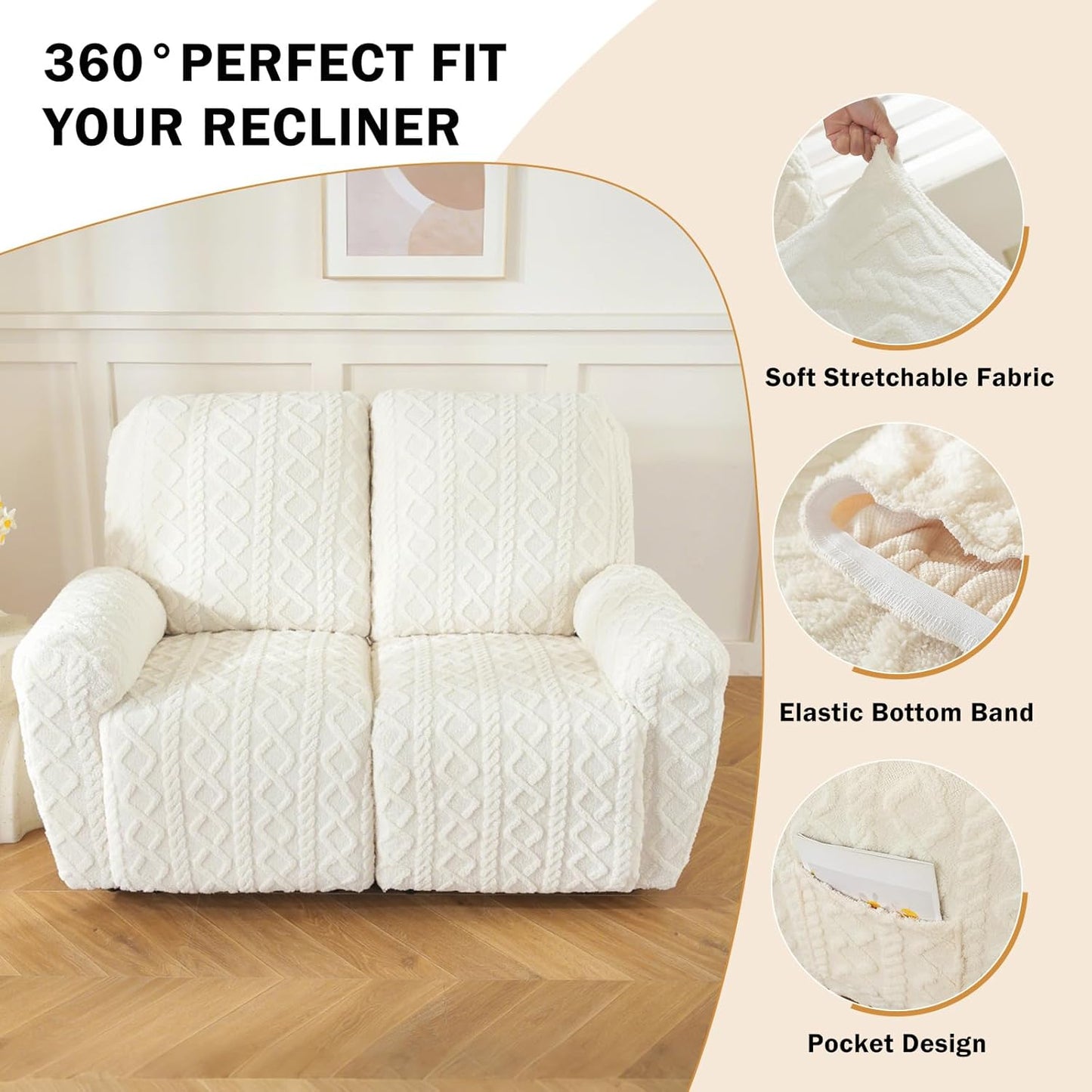 vctops 6 Pieces Geometric Jacquard Plush Recliner Loveseat Slipcovers Soft Fuzzy Fluffy Sofa Couch Cover Anti-Slip Furniture Protector with Elastic Bottom for Kids Cats Dogs(Cream,2 Seat)