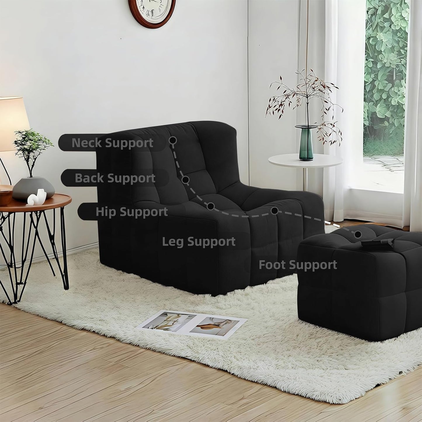 Bean Bag Chair - Memory Foam Bean Bag Chair for Adults, Comfy High-Resilience Single Sofa, Small Space Floor Chair, Chaise Lounge for Living Room, Bedroom (Black, Square + Ottoman)