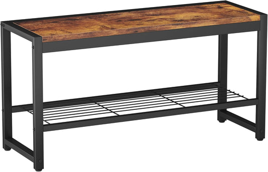 HOMEFORT Shoe Bench, Modern Industrial Shoe Storage Bench, Entryway Bench with Mesh Shelf and Sturdy Metal Frame, Metal Shoe Rack with Durable MDF Top for Hallway, Mudroom, Living Room, Rustic Brown