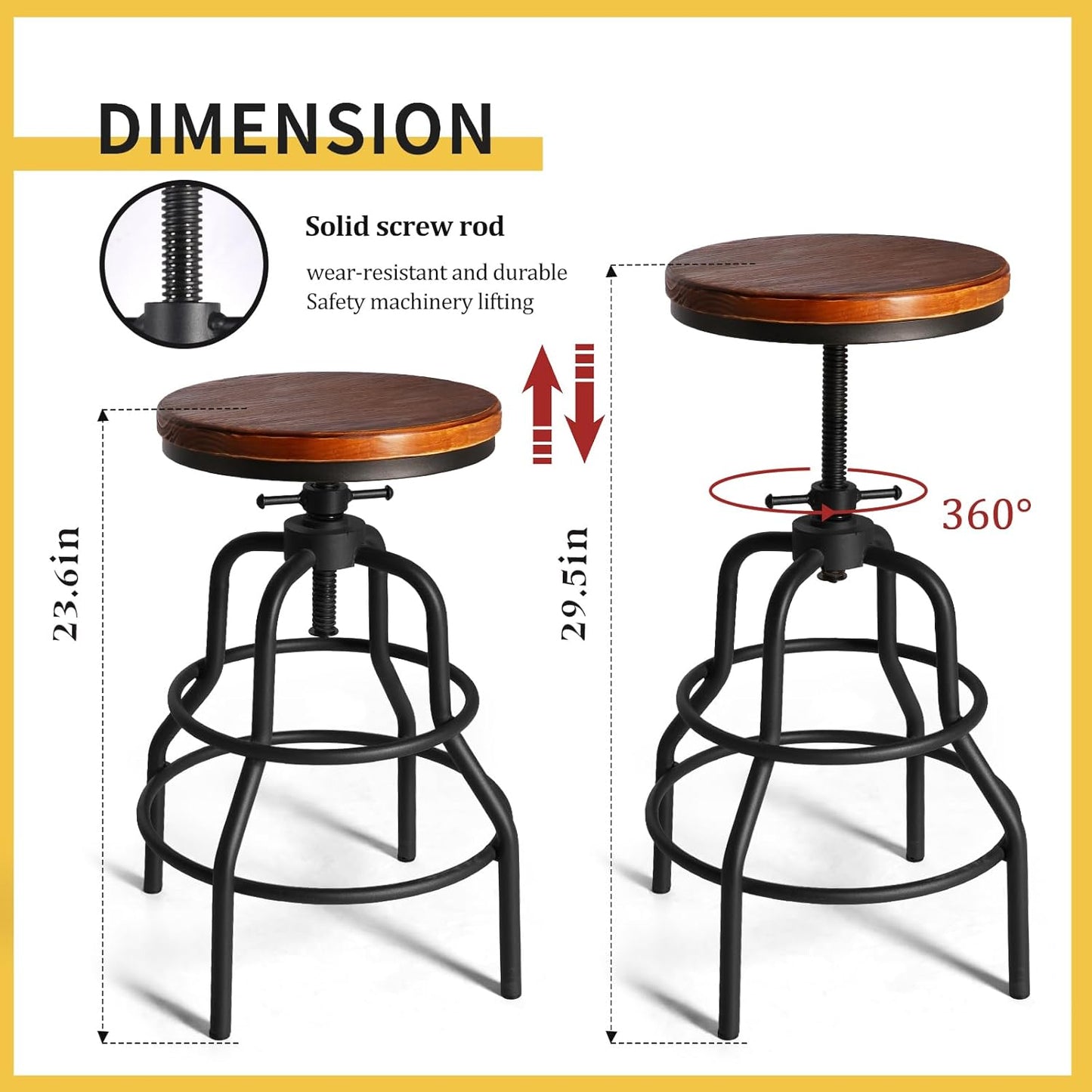 LOKKHAN Vintage Industrial Barstools - 13.8" Dia Round Wooden Brown Seat - Black Metal Base - Adjustable Height: 23.6"-29.5" / Minimalist Design/Raw Rustic Look/Rotating Top Bar Chairs, Set of 4