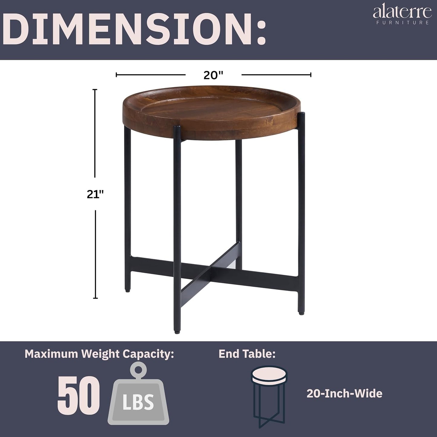 Alaterre Furniture Brookline 20" Round Wood End Table – Solid Top with Tray Edge and Black Metal Legs – Rustic Farmhouse Accent Table for Living Room, Bedroom, or Small Spaces (Medium Chestnut)