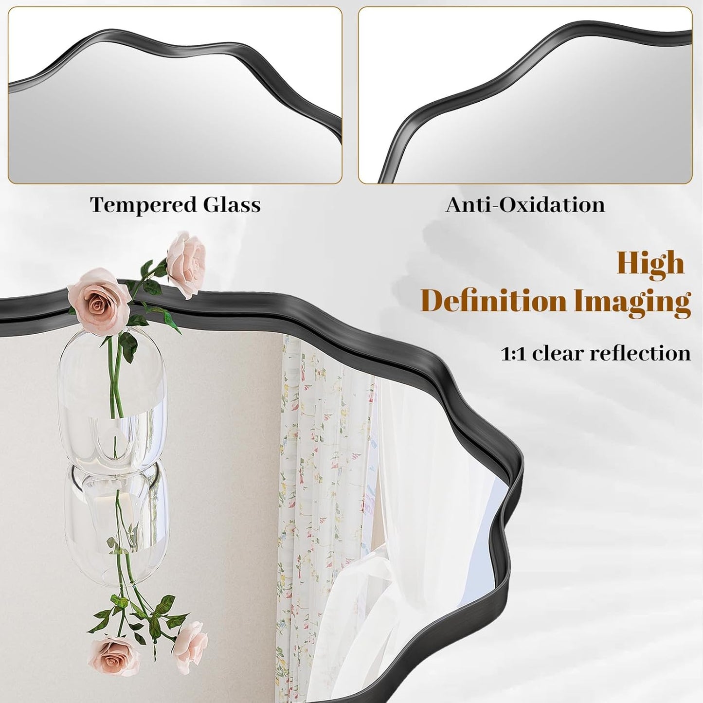 Round Wavy Mirror, 20 Inch Metal Frame Circle Mirror, Round Wall Mounted for Entryway, Bathroom, Vanity, Living Room, Black