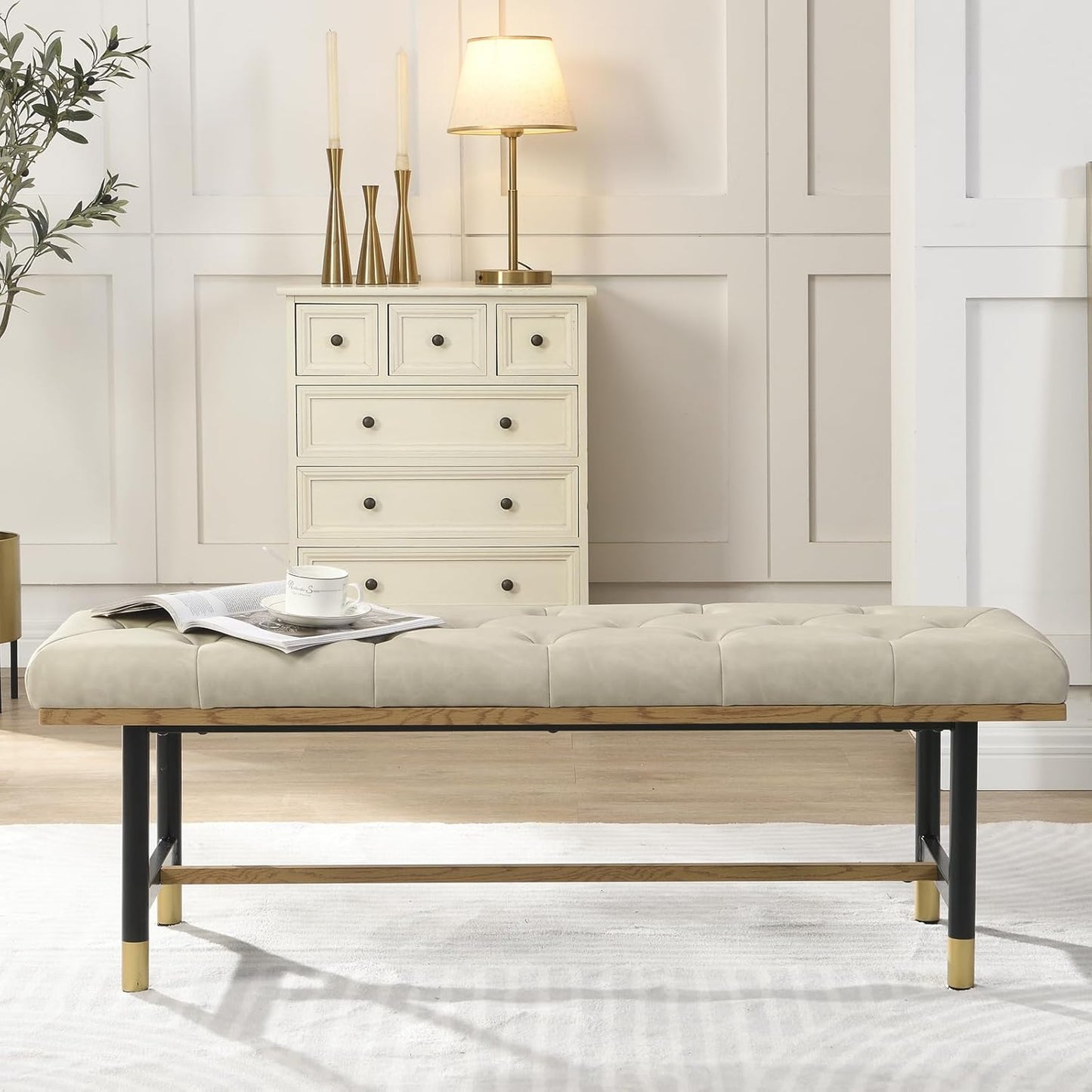 Shoe Bench Entryway, End of Bed Bench, Bench for Bedroom End of Bed, Modern Faux Leather Bench for Living Room, Entryway Bench Seat, Padded Bench with Solid Metal Shelf Gold, Beige