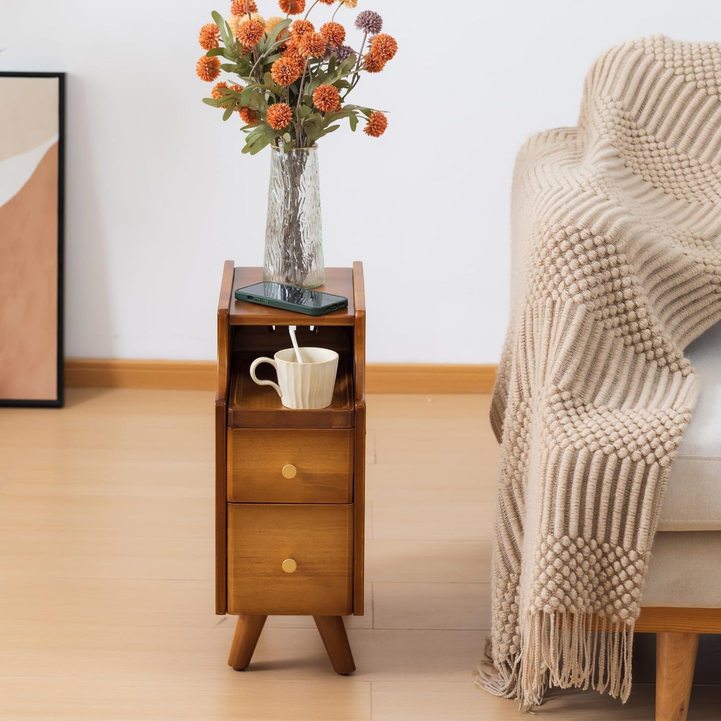 Small Nightstand, Narrow Nightstand, Solid Slim Wood Night Stand for Small Spaces, Couch, Walnut Color 7.87in Wide