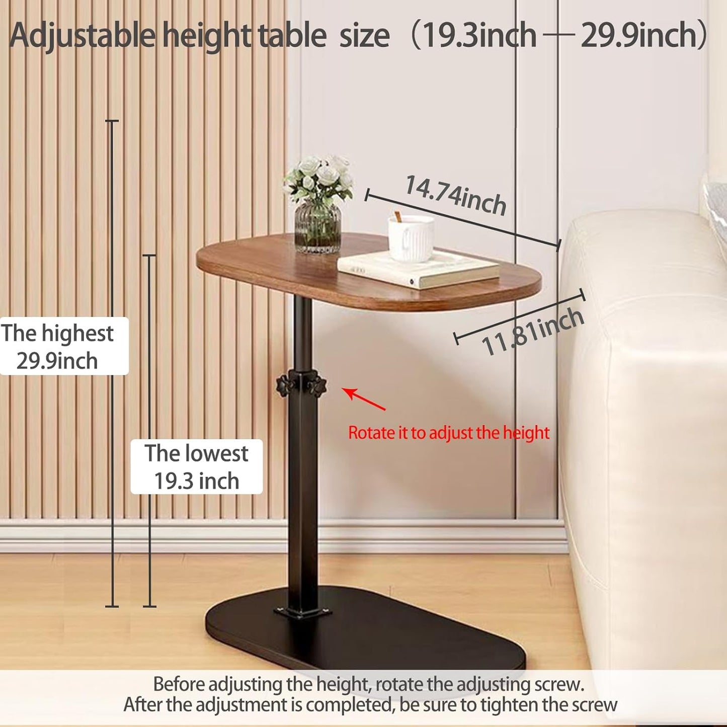 Pedestal C-Shaped Adjustable Small End Tables for Small Spaces Side Table，Desktop can Turn 360° and The Height of The Sofa Side Table can be Adjusted（Walnut Desktop + Black Bottom）