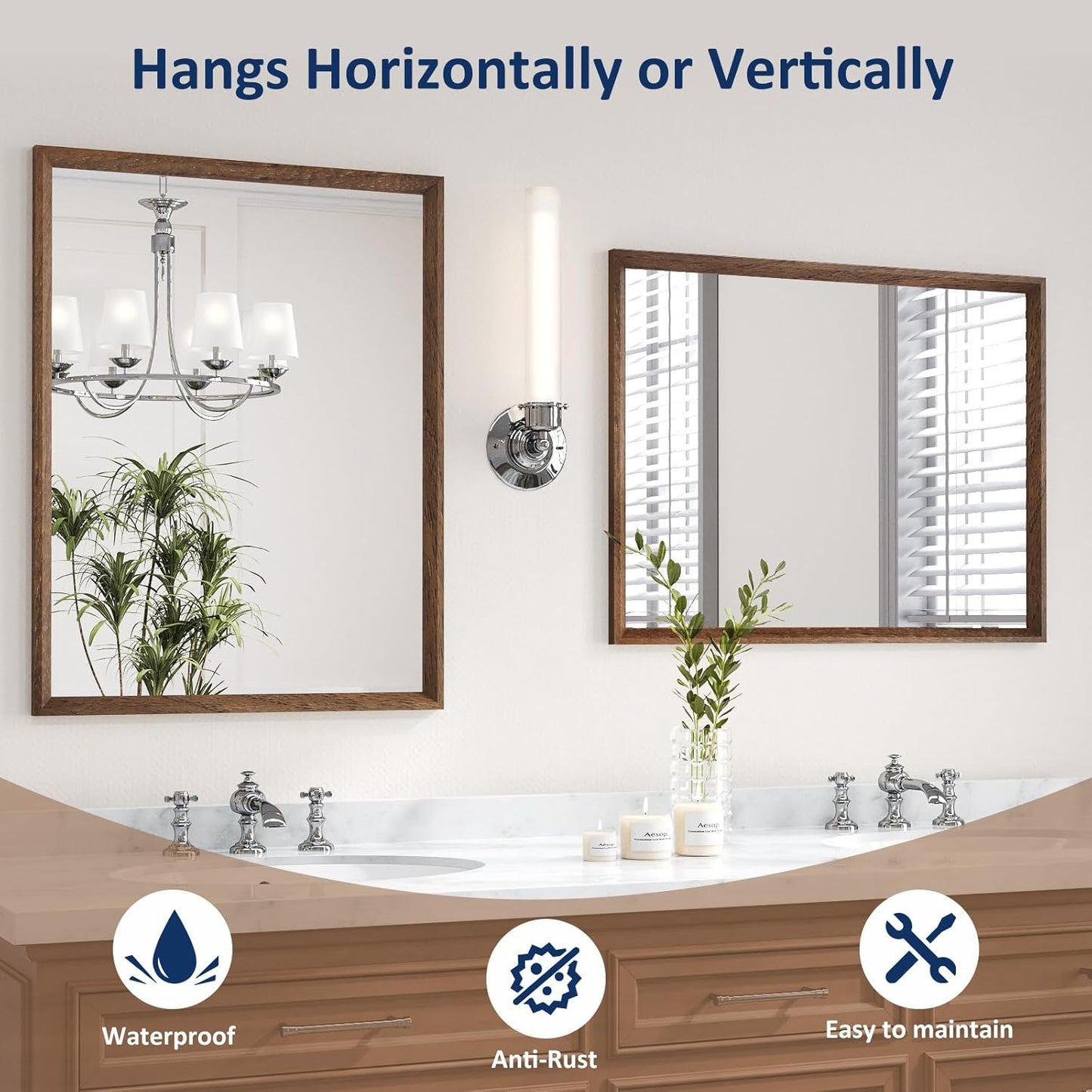 WEER Walnut Bathroom Mirror, Walnut Framed Mirror 22X30 Inch, Rectangle Wall Mounted Bathroom Vanity Mirror with Tempered Glass, Hangs Vertically or Horizontally, Anti-Rust