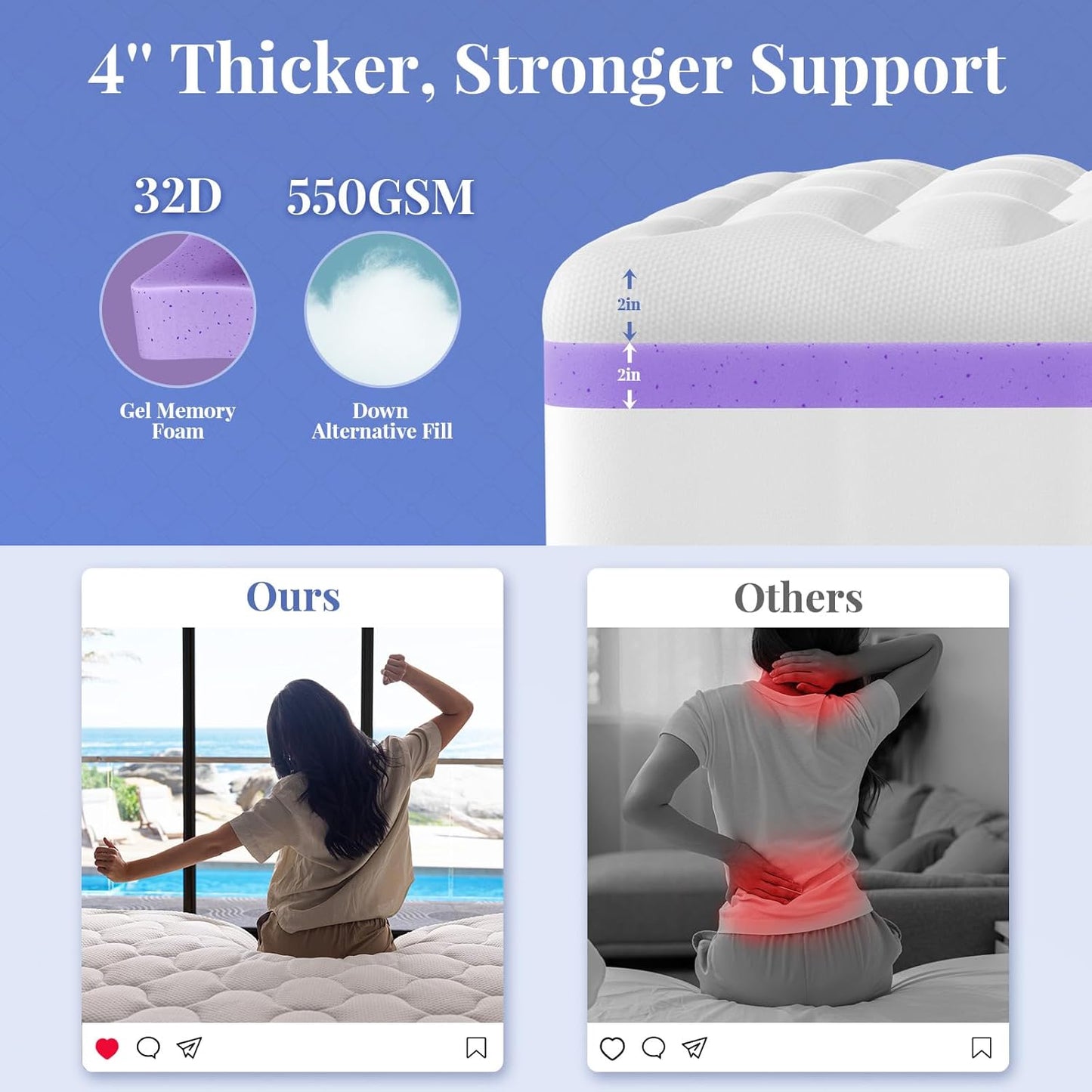 OhGeni Cooling 4 inch Dual Layer Twin XL Mattress Topper, 2 inch Gel Memory Foam, 2 inch Down Alternative Pillow Top Pad, Mattresses Cover for Bed, Medium Support, Fits 6”-19” Deep Pocket,Purple