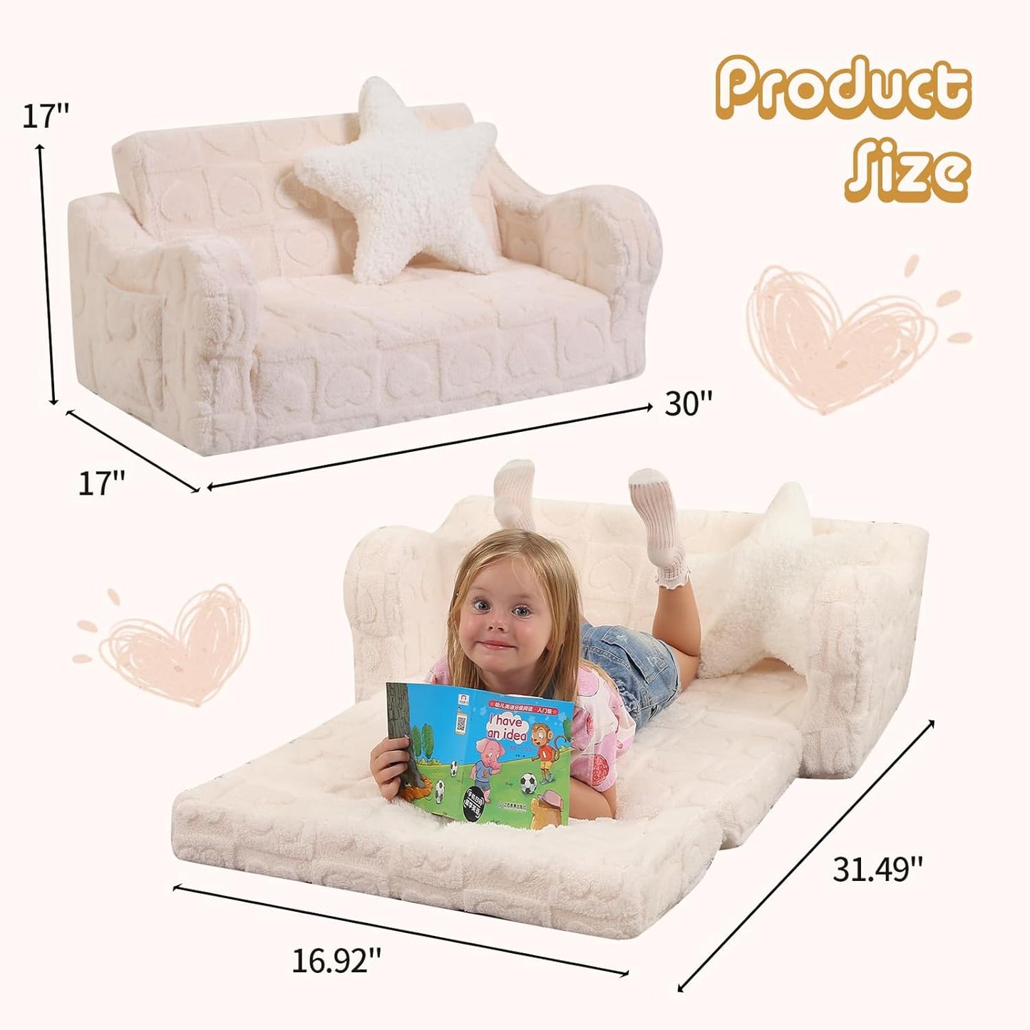 Extra Wider Seating Toddler Couch, 2-in-1 Toddler Soft Couch Fold Out with Star Pillow, Convertible Sofa to Lounger for Girls and Boys, Cream Heart