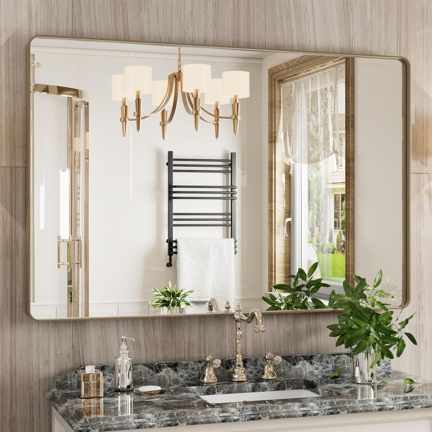Bronze Bathroom Mirror 48x32 Inch, Brushed Bronze Metal Frame Mirror for Wall, Rounded Rectangle Bathroom Vanity Mirror with Tempered Glass, Anti-Rust, Horizontal/Vertical