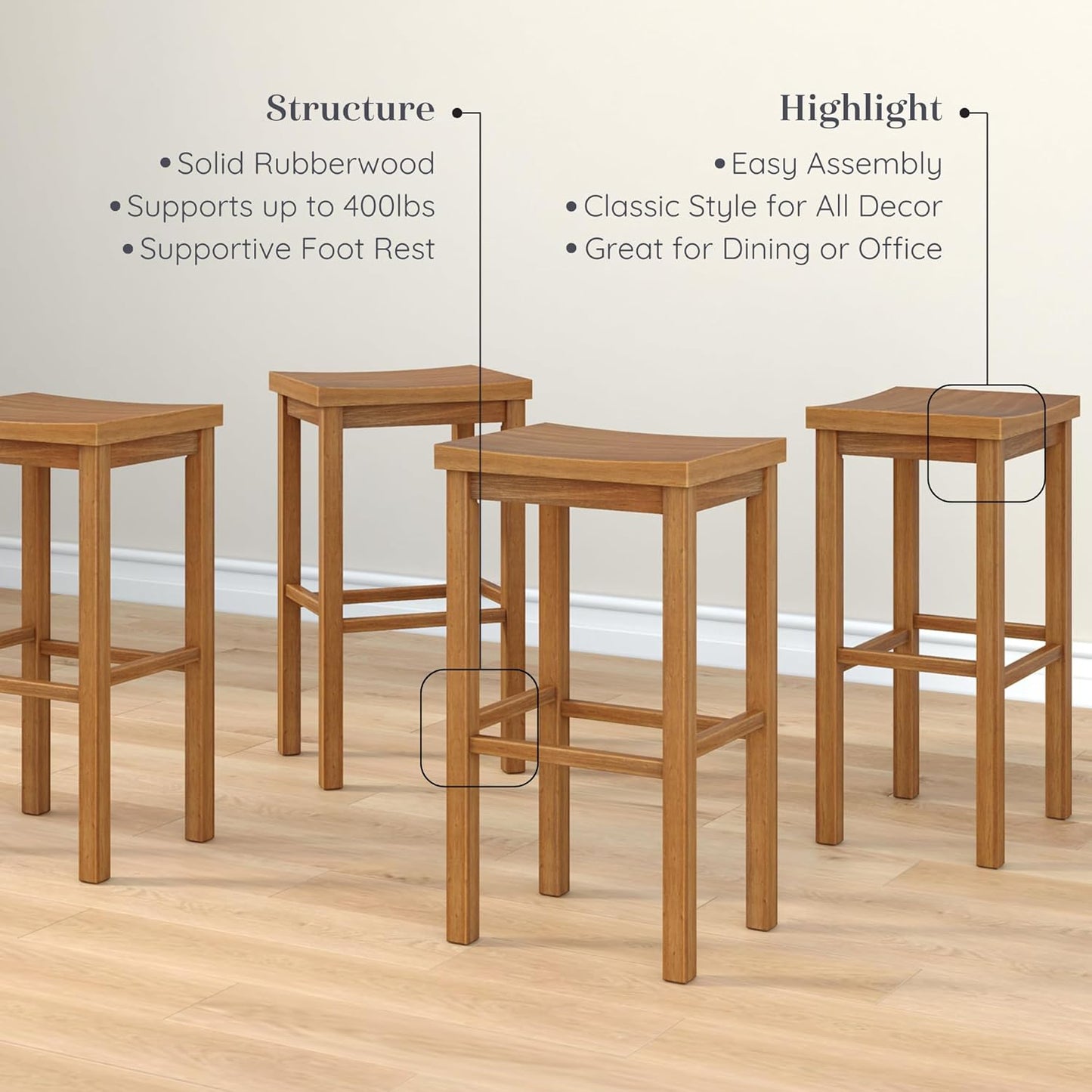 Grain & Grove Smith Collection Set of 4 Solid Wood Bar Stools, 30 inch Saddle-Seat Bar Chairs, Backless, Heavy-Duty Construction, Footrest Support, for Kitchen Islands, Home Bars, and Counters, Pecan