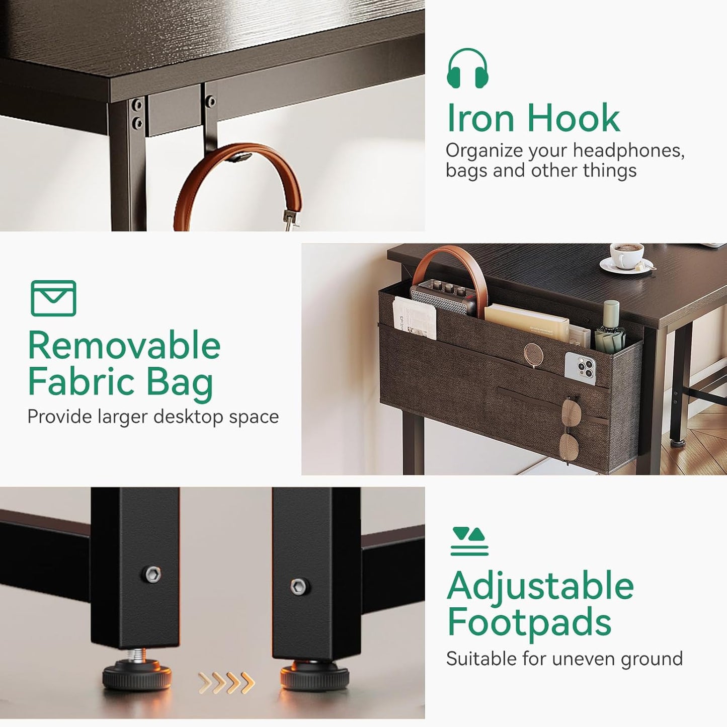 Casaottima 32-Inch Small Computer Desk with 4 Fabric Drawers — Home Office Desks with Storage, Writing Desk with Side Hook and Cloth Bag, Modern Study/Work Table for Bedroom and Small Space, Black