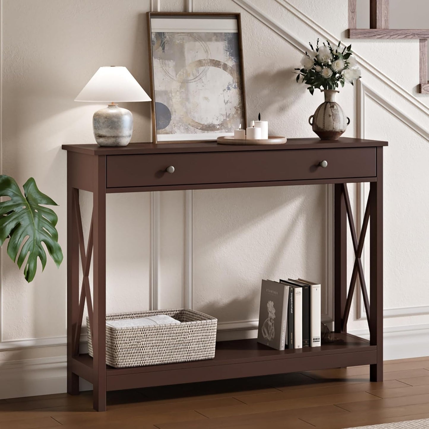 Treocho Black Console Table with Drawer and Storage Shelves, Foyer Sofa Table Narrow for Entryway, Living Room, Hallway
