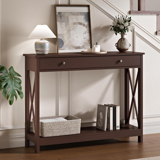 Treocho Black Console Table with Drawer and Storage Shelves, Foyer Sofa Table Narrow for Entryway, Living Room, Hallway