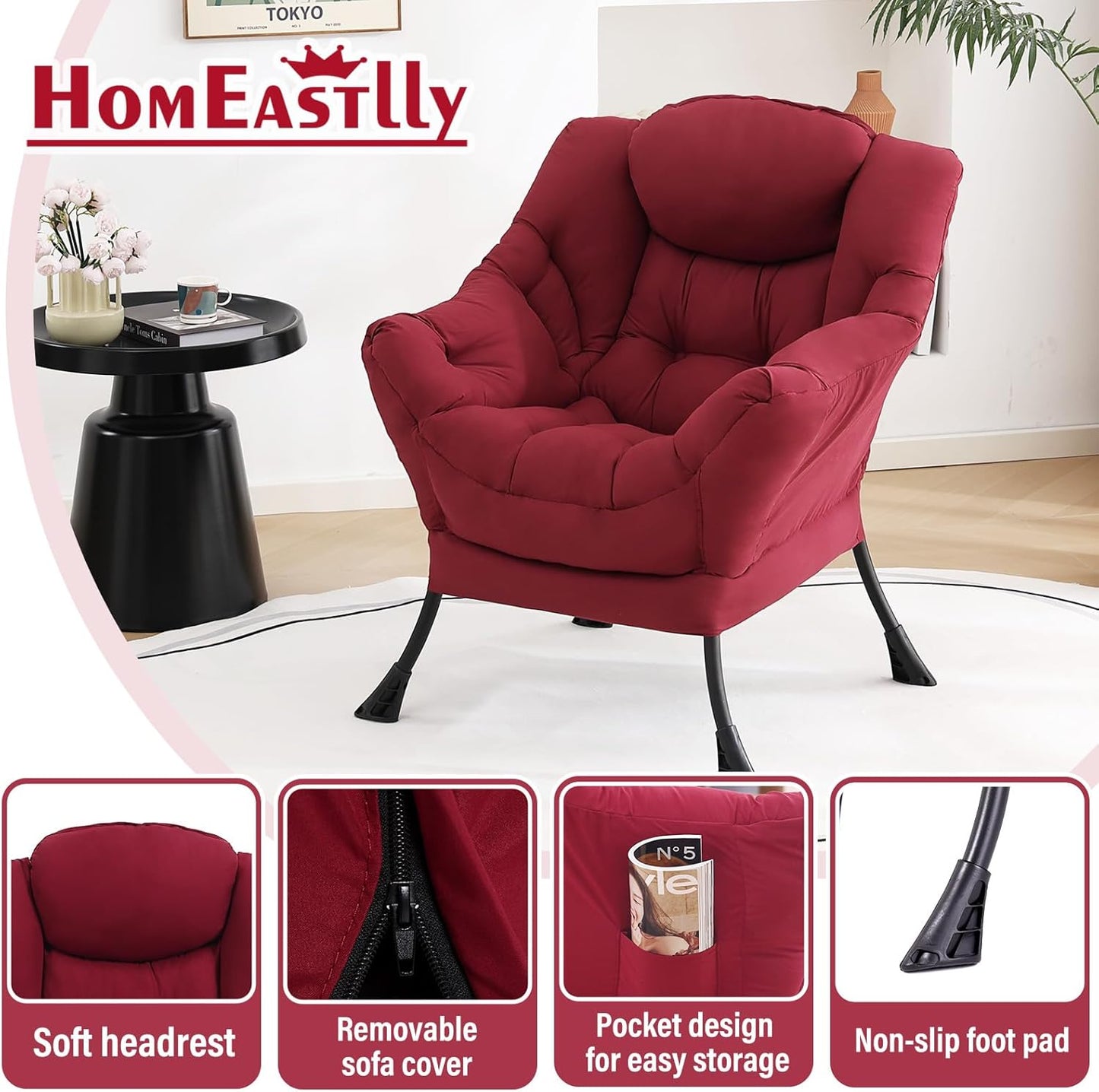 Lazy Chair, Reading Armchair, Large Modern Lounge Accent Chair, Leisure Sofa Chair for Living Room, Bedroom, Dorm Room (Burgundy)