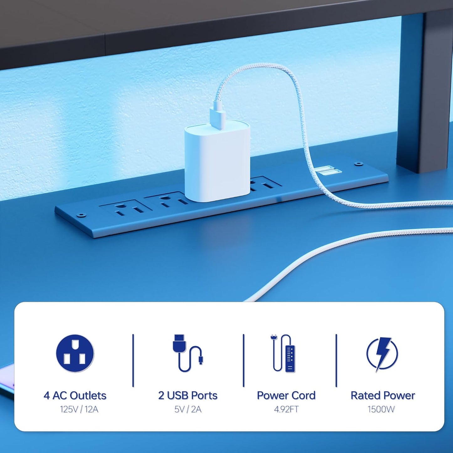 Pamray 64 Inch L Shaped Gaming Desk with Power Outlets and Led Lights, Large Corner Computer Desk with Monitor Stand and Pegboard, PC Table for Home Office and Bedroom White