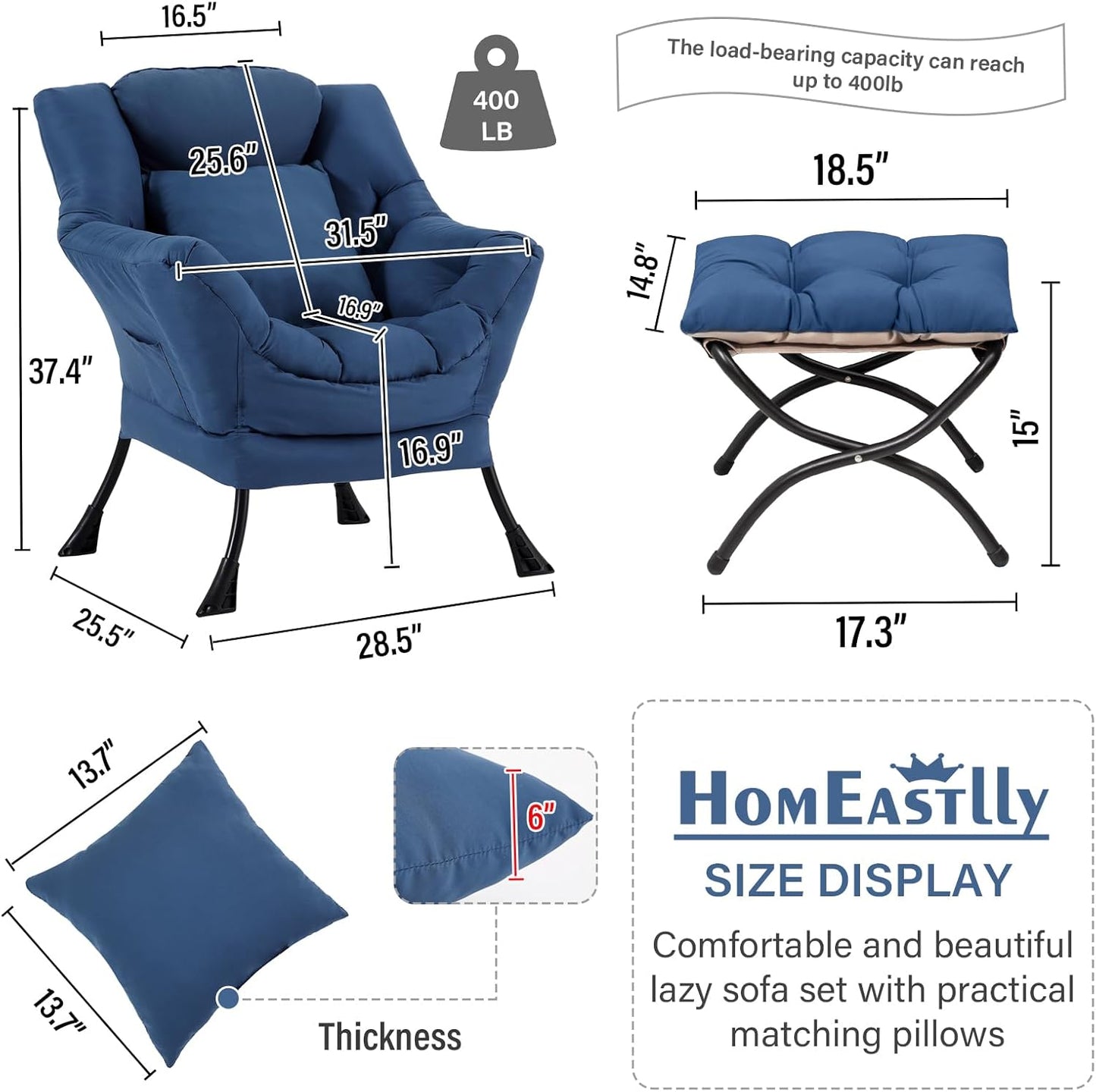 Lazy Chair with Ottoman, Reading Chair with a Pillow, Leisure Sofa Armchair with Ottoman, Large Accent Lounge Chair for Bedroom, Living Room, Dorm Room, Peach Royal Blue