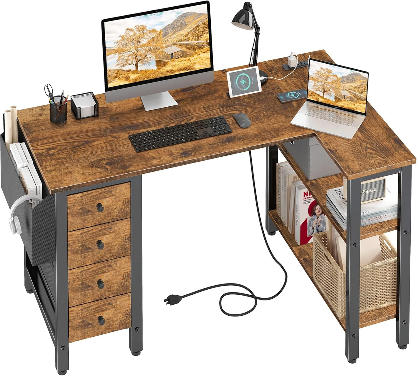 Lufeiya L Shaped Desk with Drawers & Storage Shelves, 47 Inch Small Reversible Corner Desk with Power Outlet for Home Office Bedroom, L-Shaped Gaming PC Computer Desks with Fabric Drawer, Rustic Brown