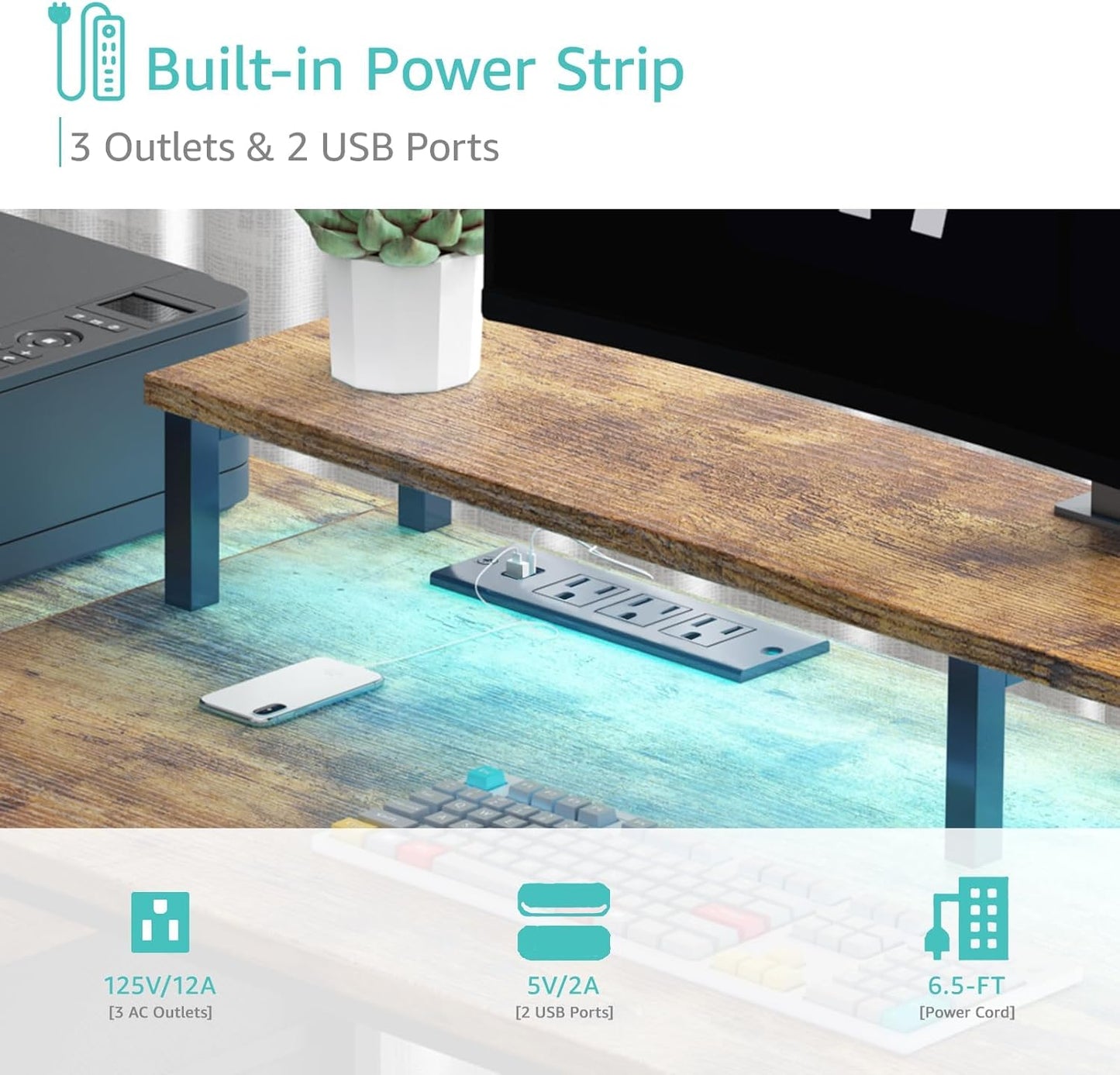 Lufeiya Gaming Desks with Led Lights and Power Outlets, 55 Inch Study Writing Computer Desk with Fabric File Drawers Cabinet for Bedroom, Home Office Desk with Shelves Monitor Stand, Rustic Brown